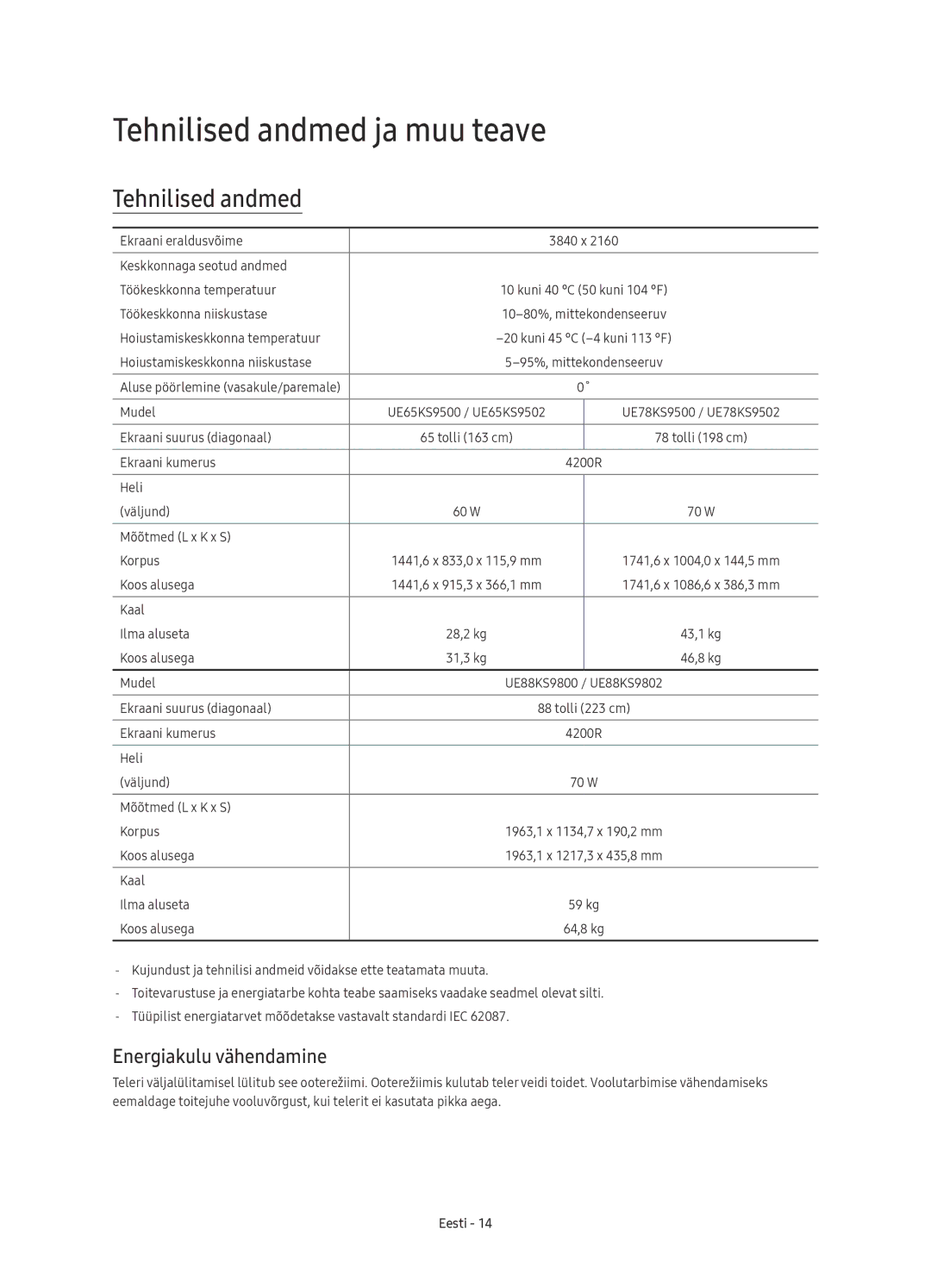 Samsung UE78KS9500LXXH, UE65KS9500LXXH, UE65KS9502TXXH manual Tehnilised andmed ja muu teave, Energiakulu vähendamine 