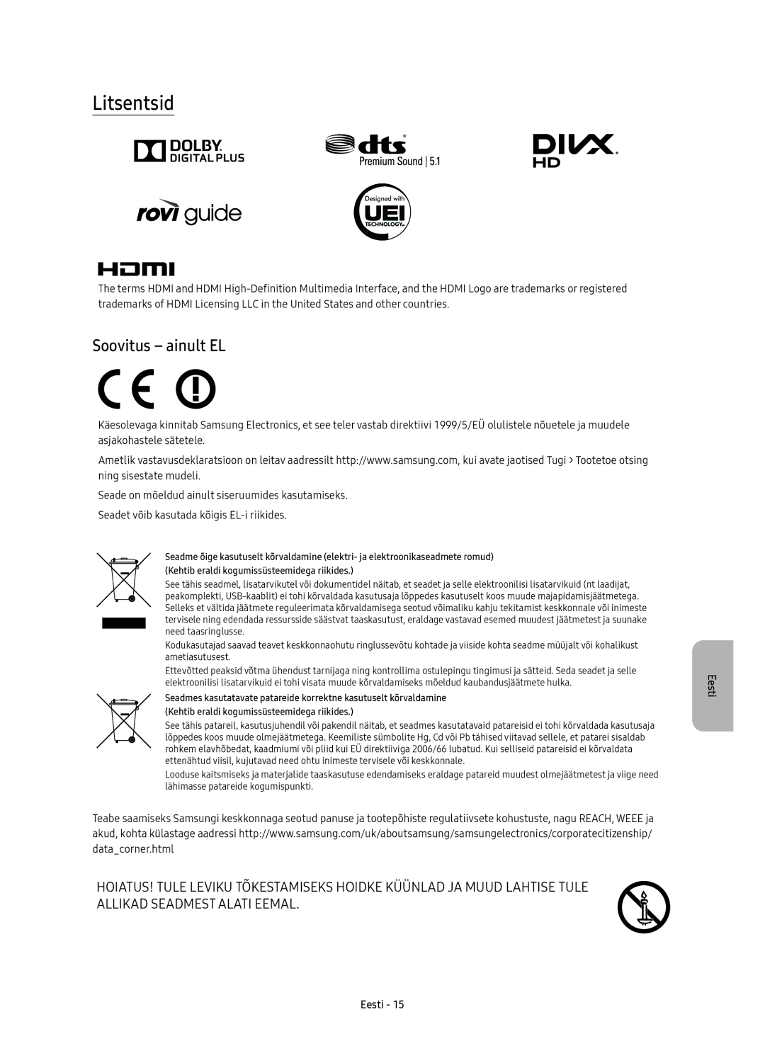 Samsung UE65KS9500LXXH, UE65KS9502TXXH, UE78KS9502TXXH, UE88KS9802TXXH, UE65KS9500LXXN manual Litsentsid, Soovitus ainult EL 