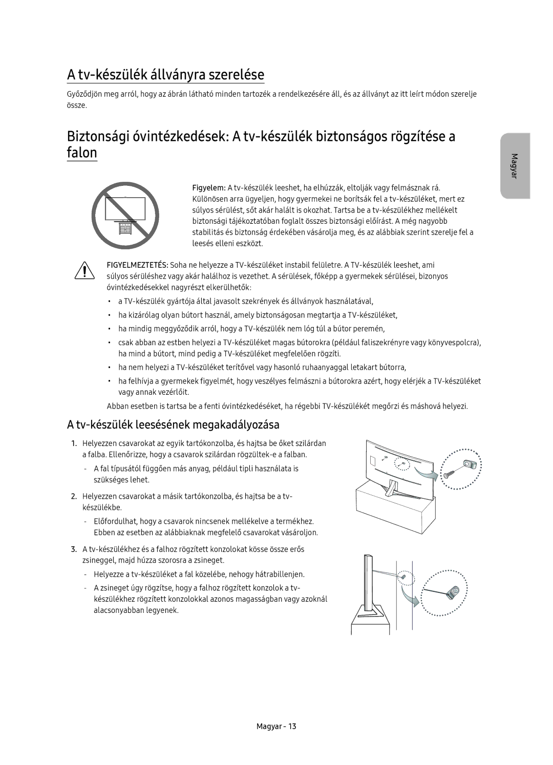 Samsung UE65KS9500LXXH, UE65KS9502TXXH manual Tv-készülék állványra szerelése, Tv-készülék leesésének megakadályozása 