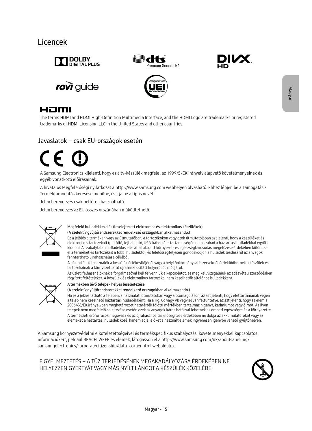 Samsung UE78KS9502TXXH, UE65KS9500LXXH, UE65KS9502TXXH, UE88KS9802TXXH manual Licencek, Javaslatok csak EU-országok esetén 