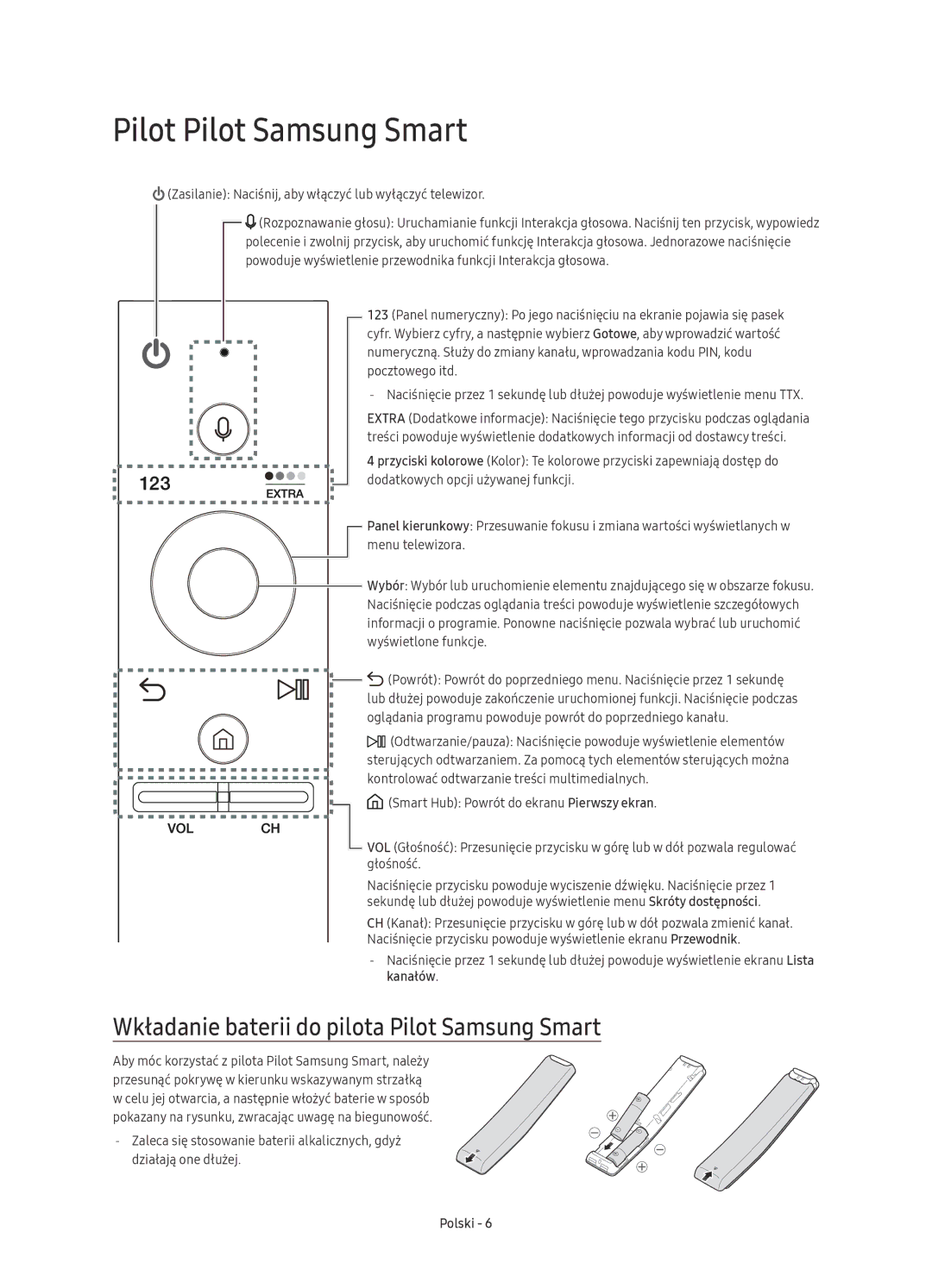 Samsung UE88KS9800LXXH, UE65KS9500LXXH manual Pilot Pilot Samsung Smart, Wkładanie baterii do pilota Pilot Samsung Smart 