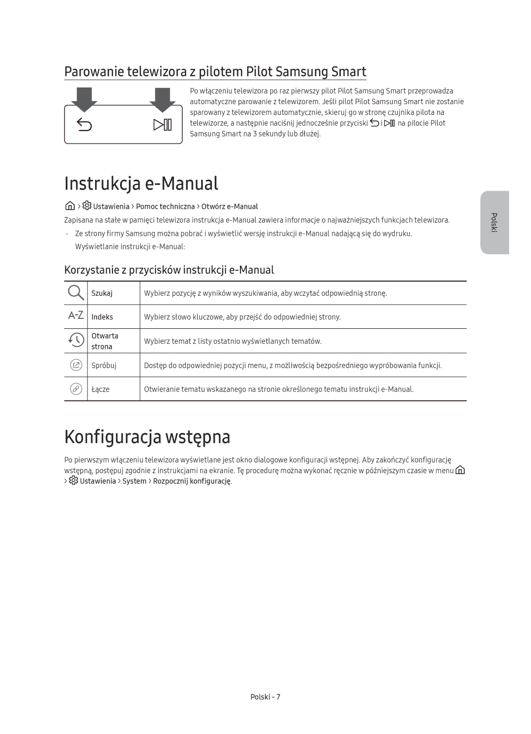 Samsung UE78KS9500LXXH manual Instrukcja e-Manual, Konfiguracja wstępna, Parowanie telewizora z pilotem Pilot Samsung Smart 