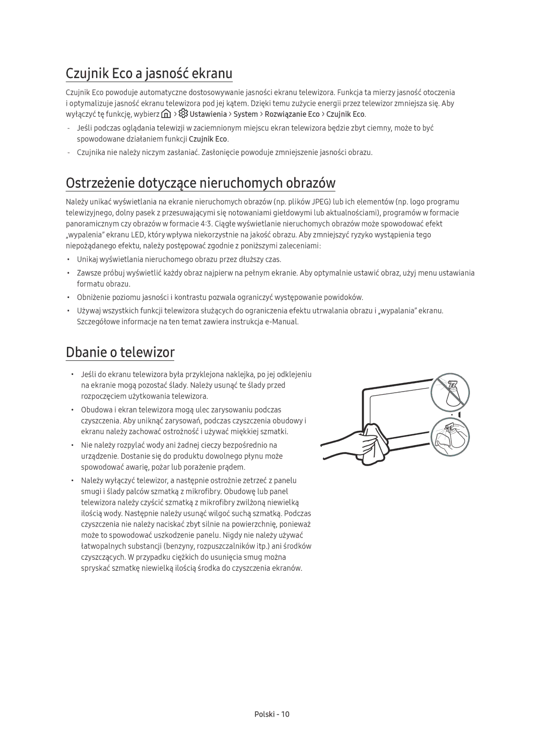 Samsung UE78KS9502TXXH manual Czujnik Eco a jasność ekranu, Ostrzeżenie dotyczące nieruchomych obrazów, Dbanie o telewizor 