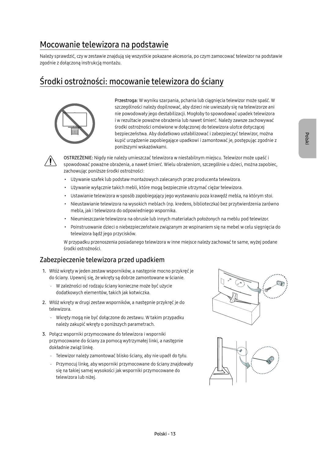 Samsung UE88KS9800LXXN manual Mocowanie telewizora na podstawie, Środki ostrożności mocowanie telewizora do ściany 