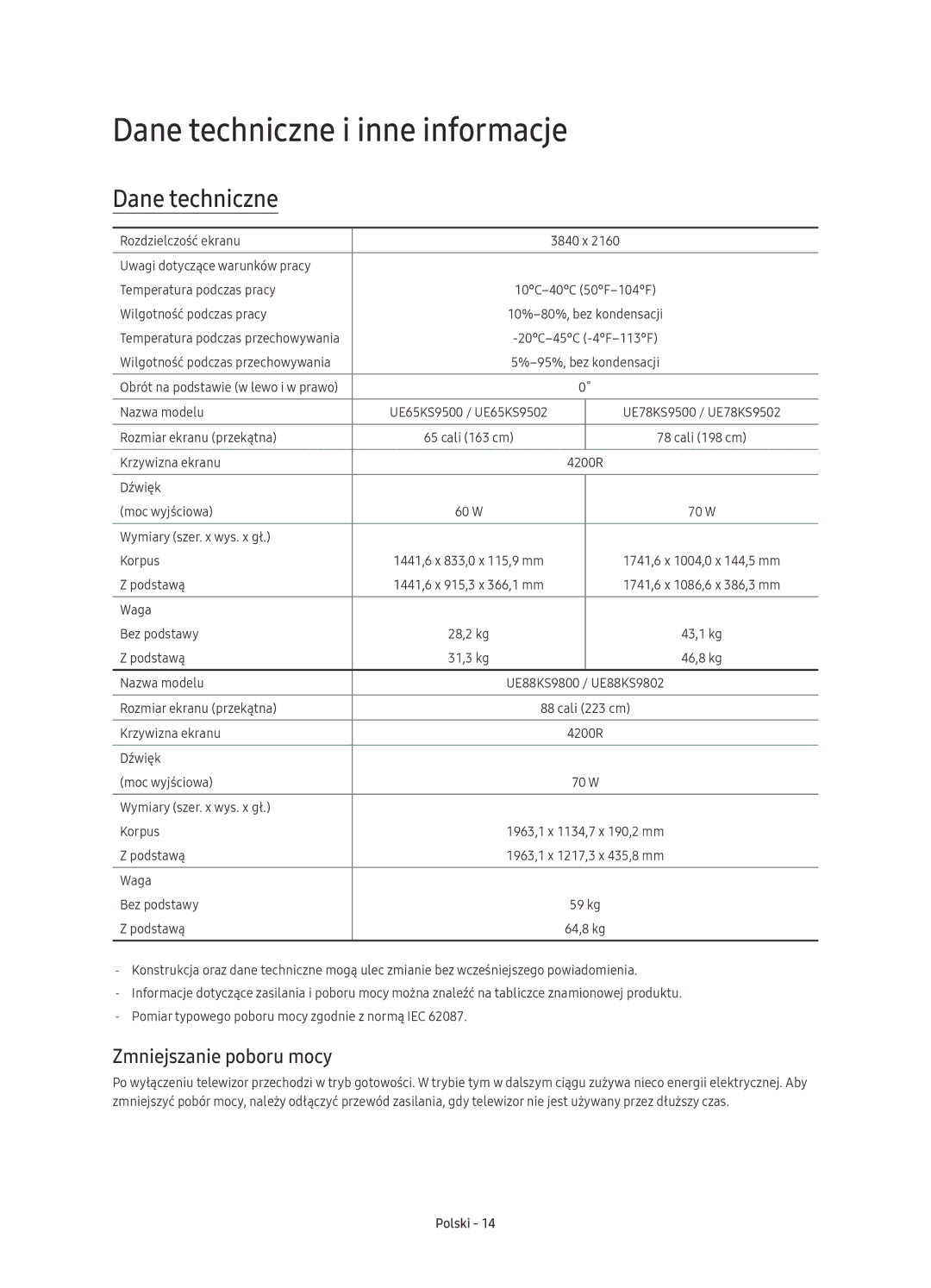 Samsung UE78KS9500LXXN, UE65KS9500LXXH, UE65KS9502TXXH manual Dane techniczne i inne informacje, Zmniejszanie poboru mocy 