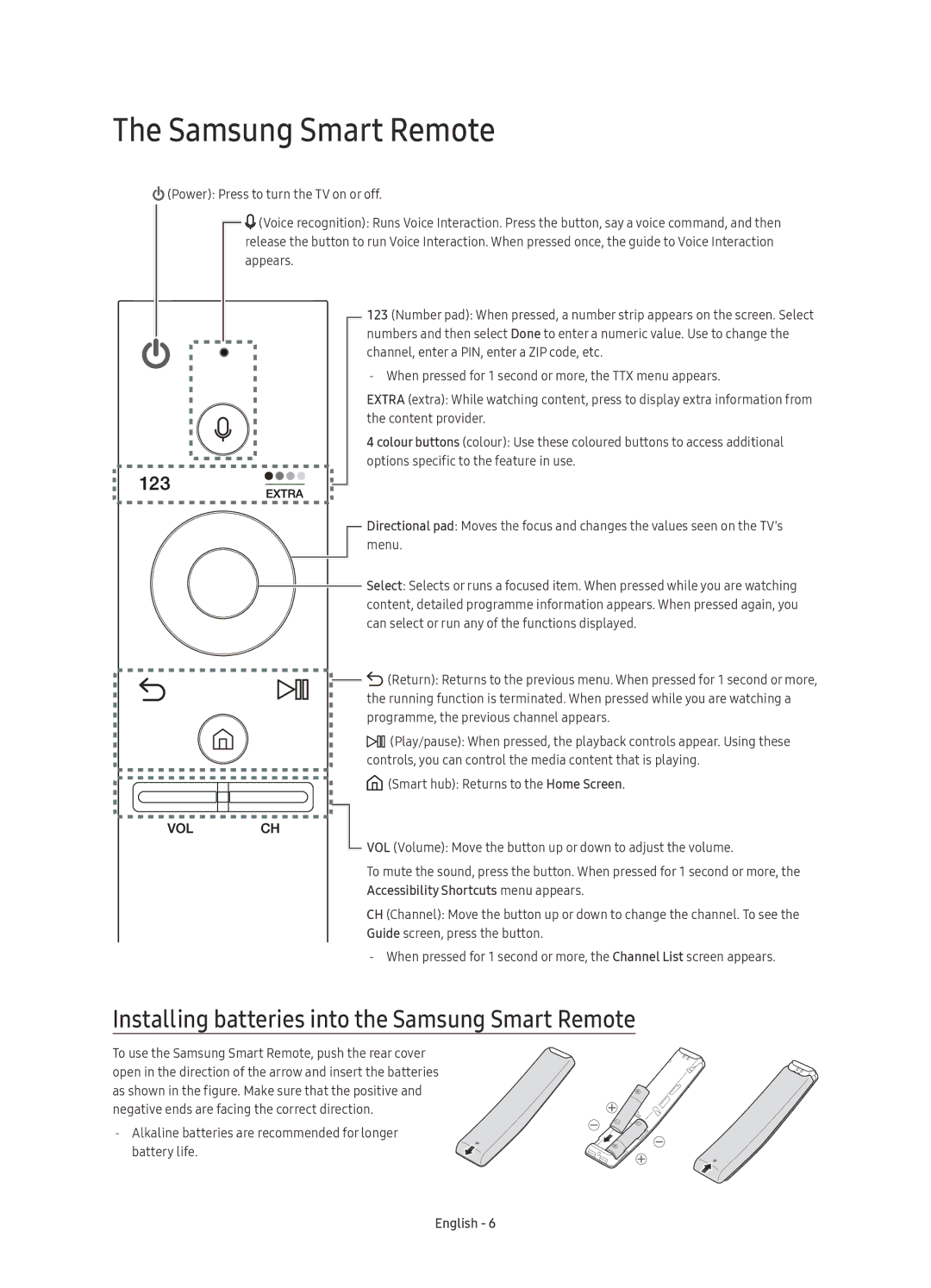 Samsung UE78KS9500LXXN, UE65KS9500LXXH, UE65KS9502TXXH manual Installing batteries into the Samsung Smart Remote 