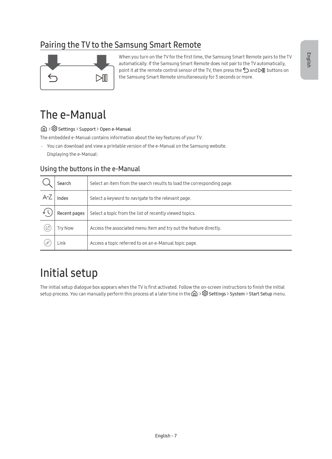 Samsung UE88KS9800LXXH, UE65KS9500LXXH, UE65KS9502TXXH E-Manual, Initial setup, Pairing the TV to the Samsung Smart Remote 