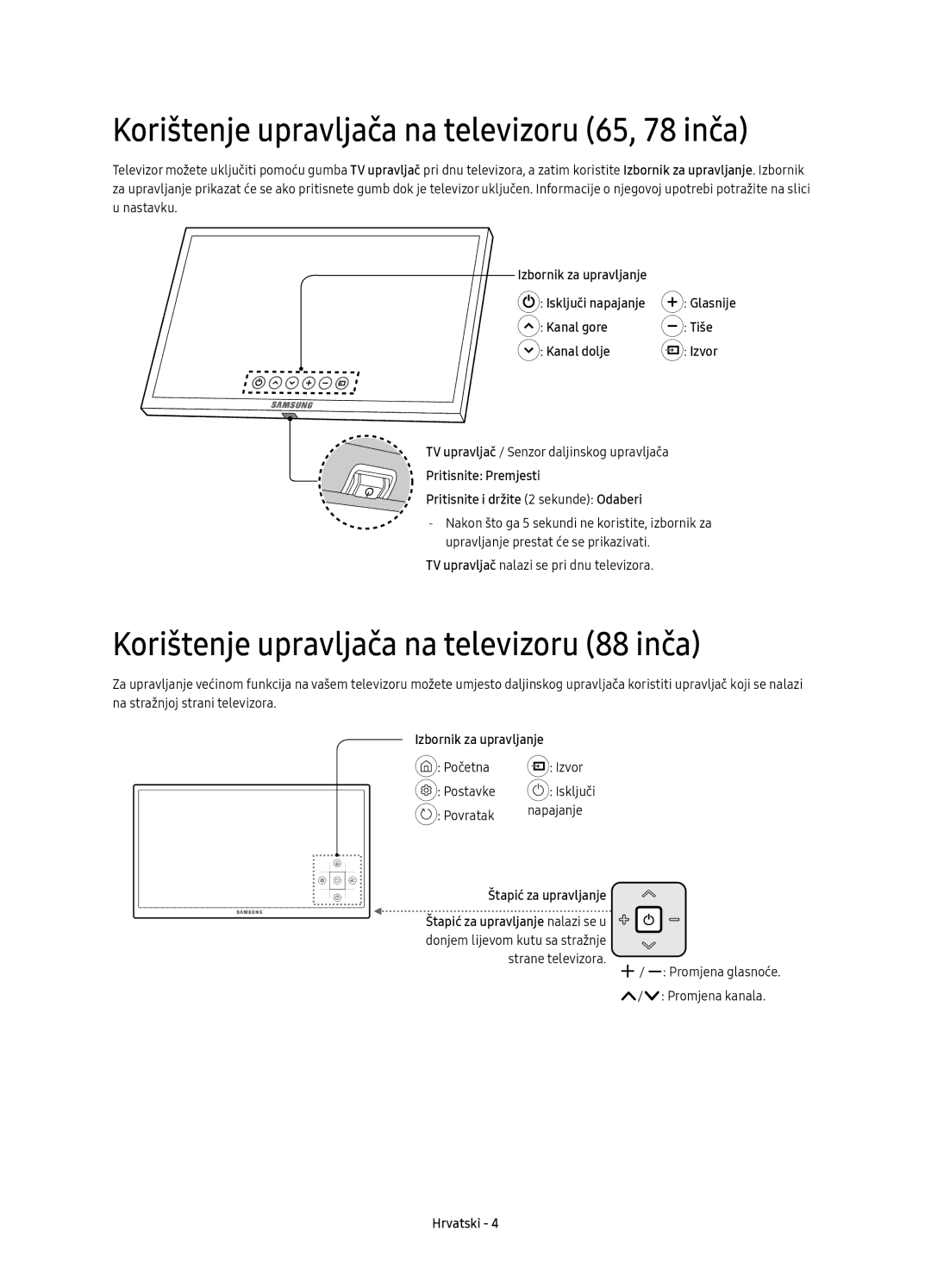 Samsung UE78KS9502TXXH manual Korištenje upravljača na televizoru 65, 78 inča, Korištenje upravljača na televizoru 88 inča 