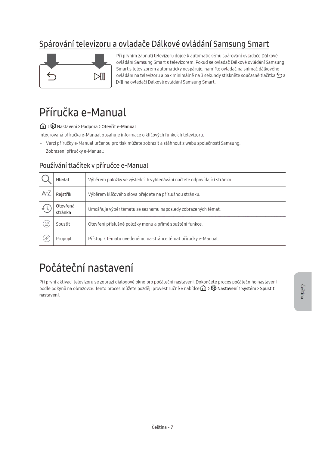 Samsung UE65KS9502TXXH, UE65KS9500LXXH manual Příručka e-Manual, Počáteční nastavení, Používání tlačítek v příručce e-Manual 