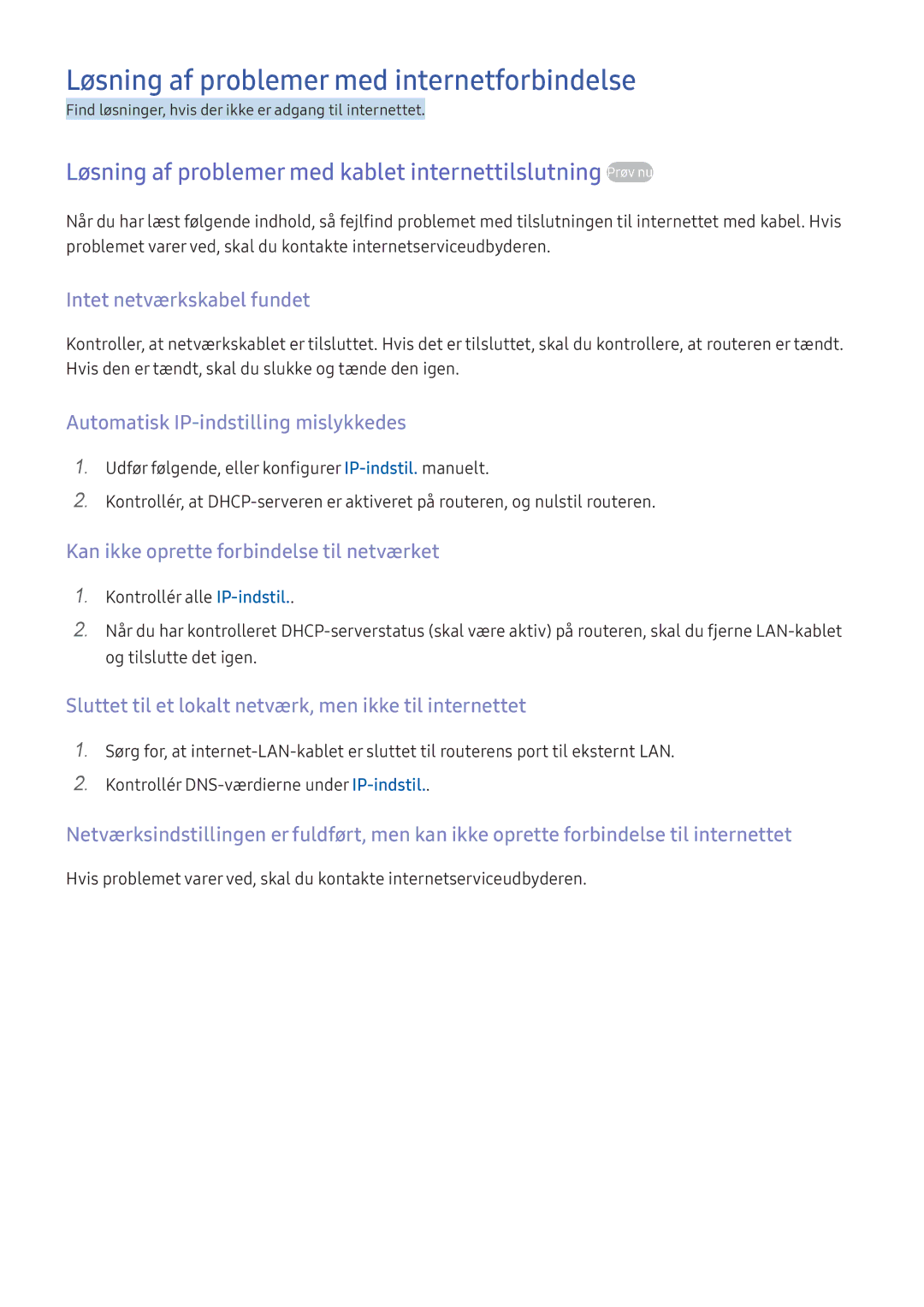 Samsung UE40KU6475UXXE, UE65KU6175UXXE, UE40KU6455UXXE, UE40KU6075UXXE manual Løsning af problemer med internetforbindelse 