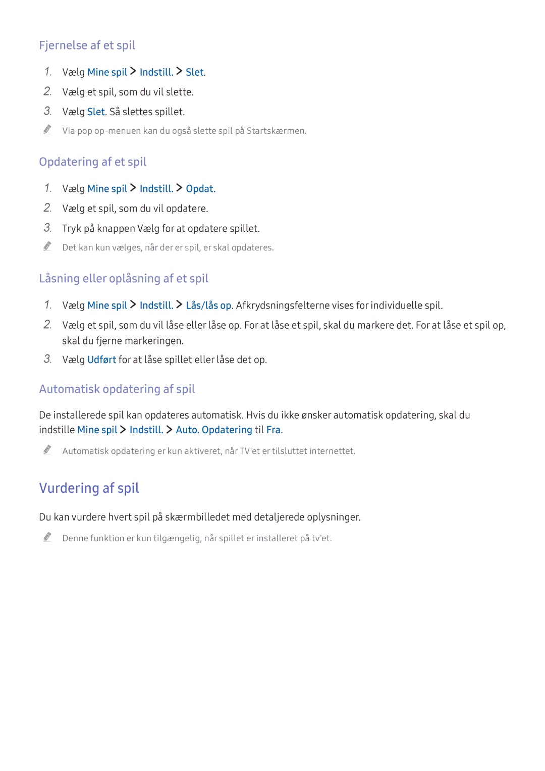 Samsung UE50KU6075UXXE Vurdering af spil, Fjernelse af et spil, Opdatering af et spil, Låsning eller oplåsning af et spil 