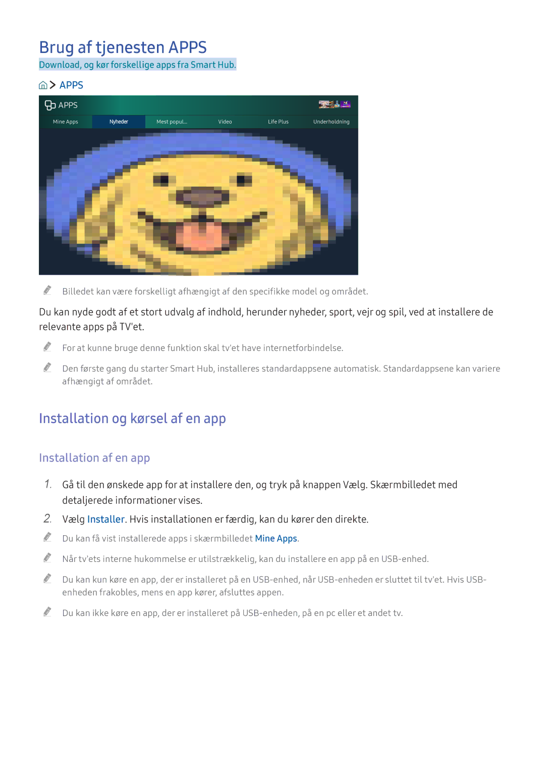 Samsung UE55KU6075UXXE, UE65KU6175UXXE Brug af tjenesten Apps, Installation og kørsel af en app, Installation af en app 