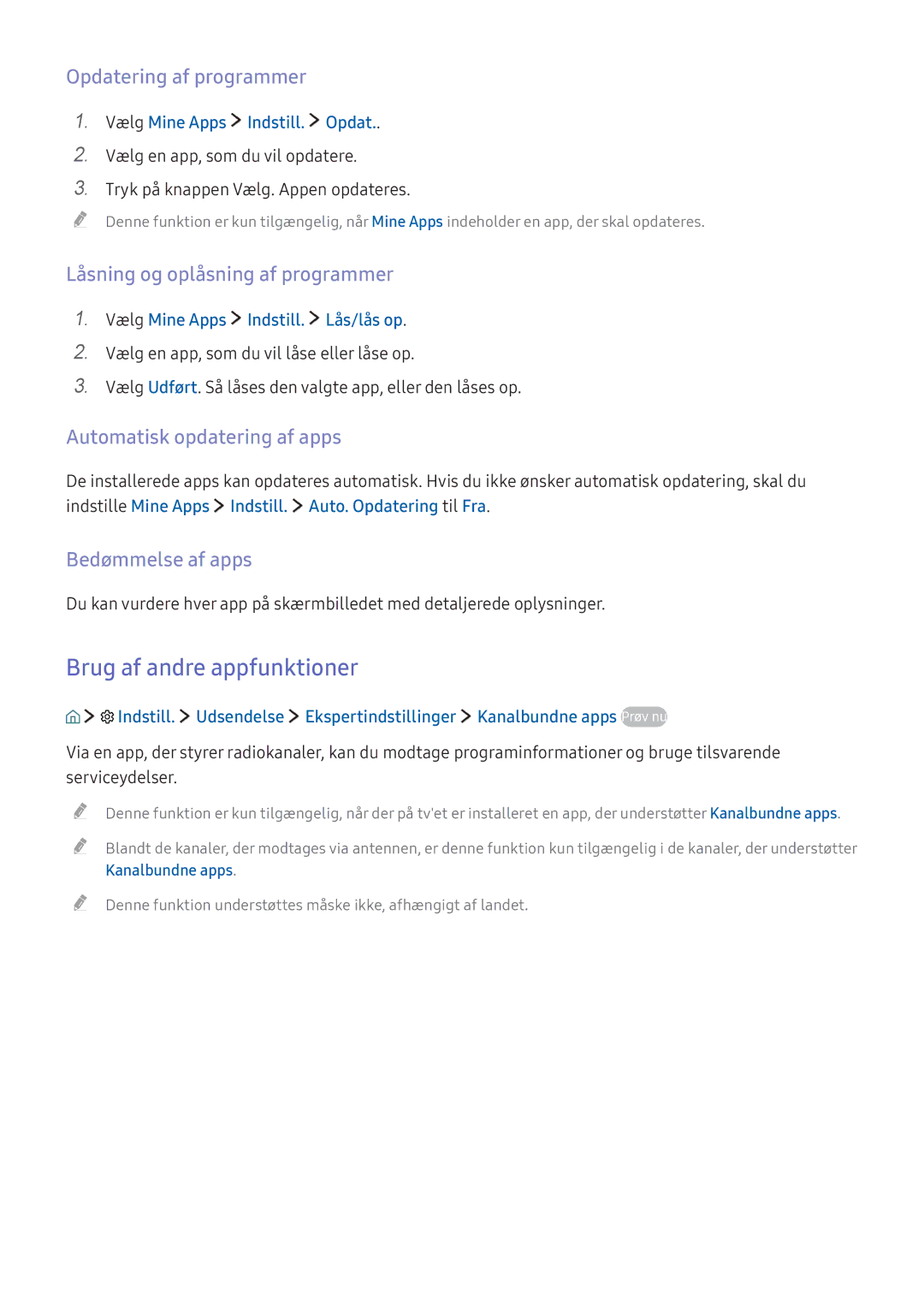 Samsung UE43KS7505UXXE manual Brug af andre appfunktioner, Opdatering af programmer, Låsning og oplåsning af programmer 