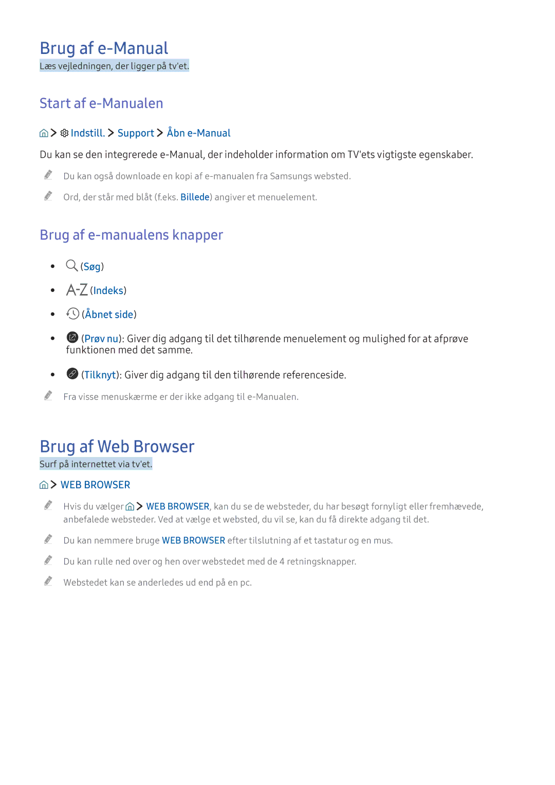 Samsung UE65KS7005UXXE Brug af e-Manual, Brug af Web Browser, Start af e-Manualen, Brug af e-manualens knapper 