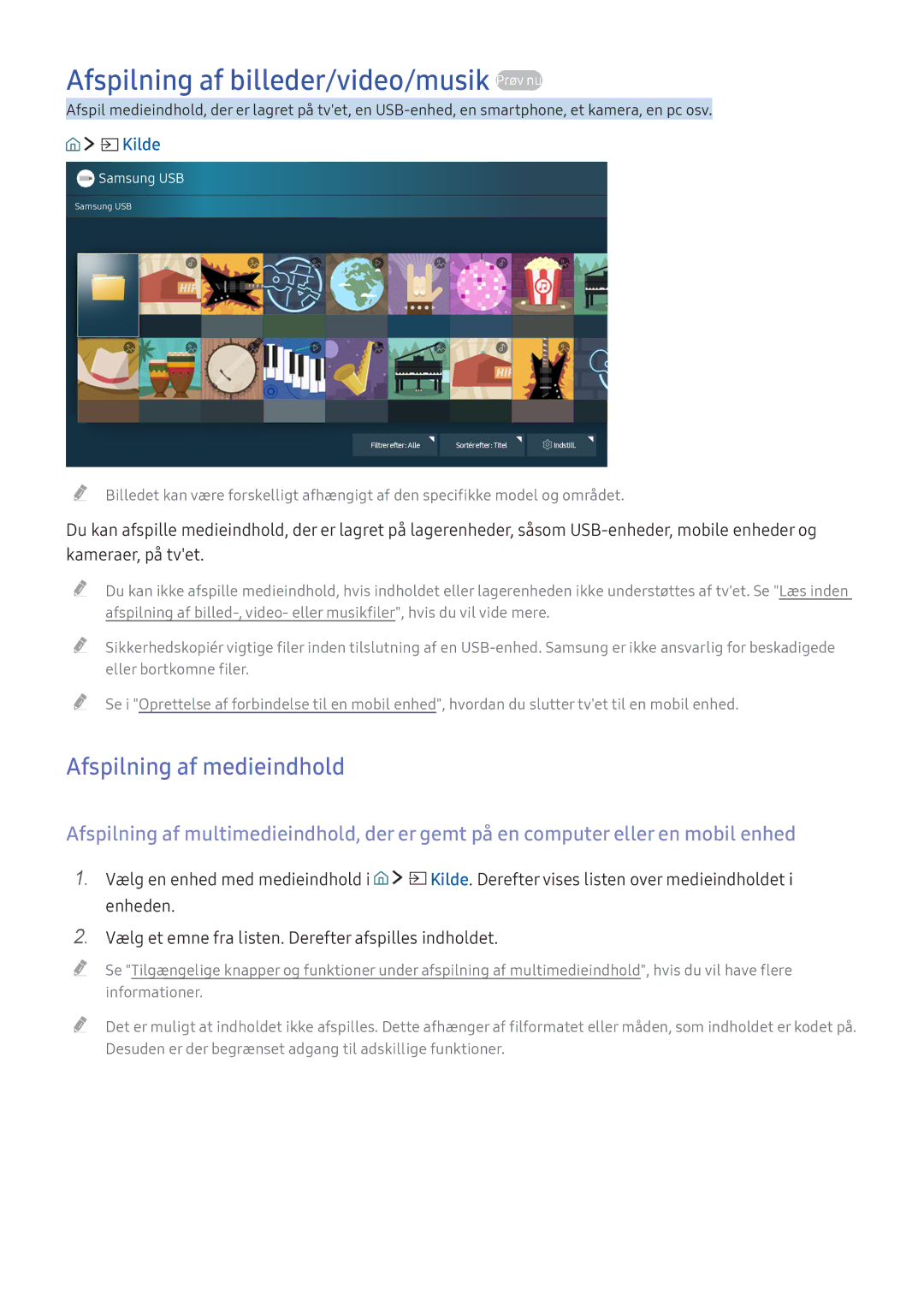 Samsung UE55KU6455UXXE, UE65KU6175UXXE manual Afspilning af billeder/video/musik Prøv nu, Afspilning af medieindhold 