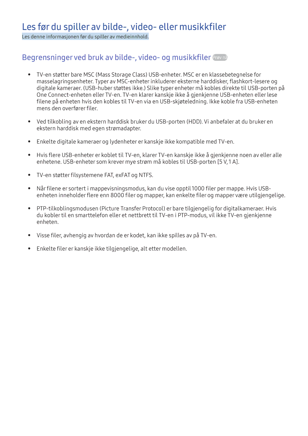 Samsung UE43KU6655UXXE, UE65KU6175UXXE, UE40KU6455UXXE manual Les før du spiller av bilde-, video- eller musikkfiler 