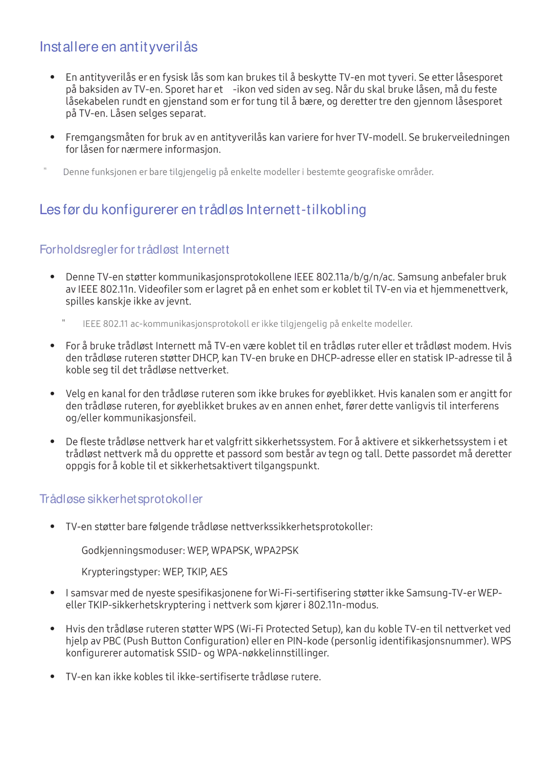 Samsung UE55KS7505UXXE manual Installere en antityverilås, Les før du konfigurerer en trådløs Internett-tilkobling 