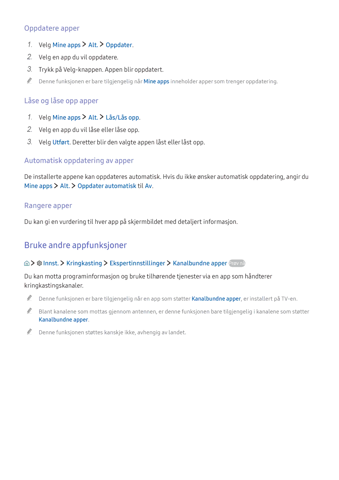 Samsung UE43KS7505UXXE Bruke andre appfunksjoner, Oppdatere apper, Låse og låse opp apper, Automatisk oppdatering av apper 