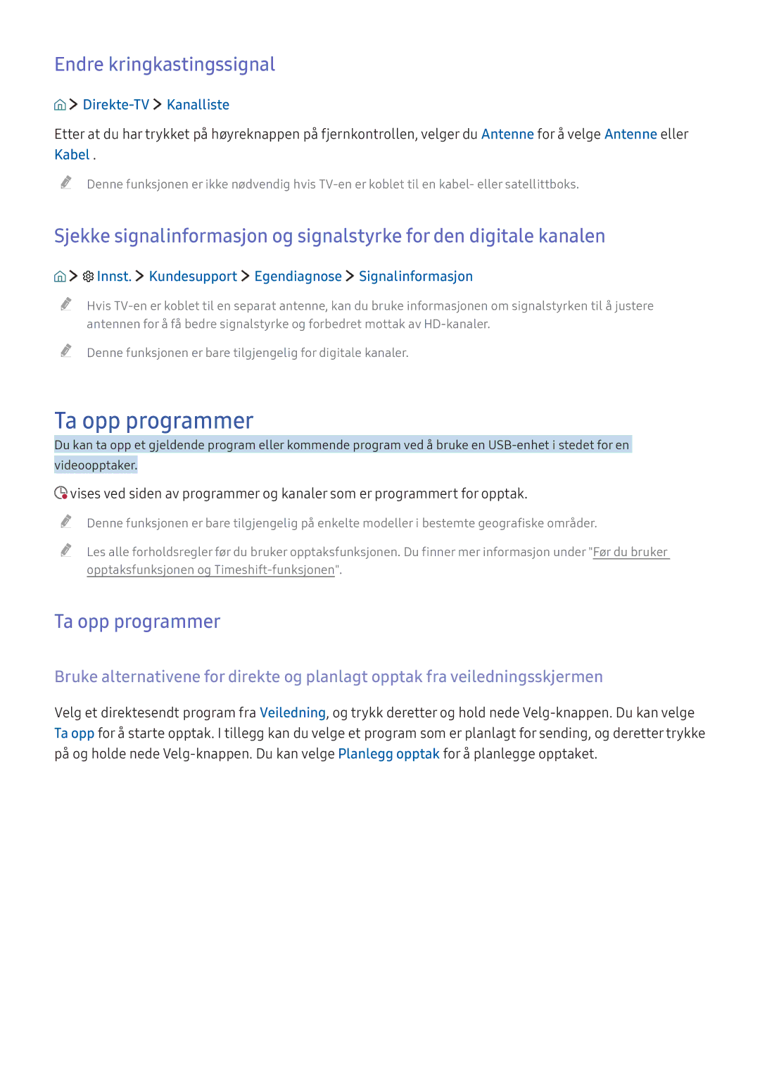 Samsung UE55KS7505UXXE, UE65KU6175UXXE, UE40KU6455UXXE Ta opp programmer, Endre kringkastingssignal, Direkte-TV Kanalliste 