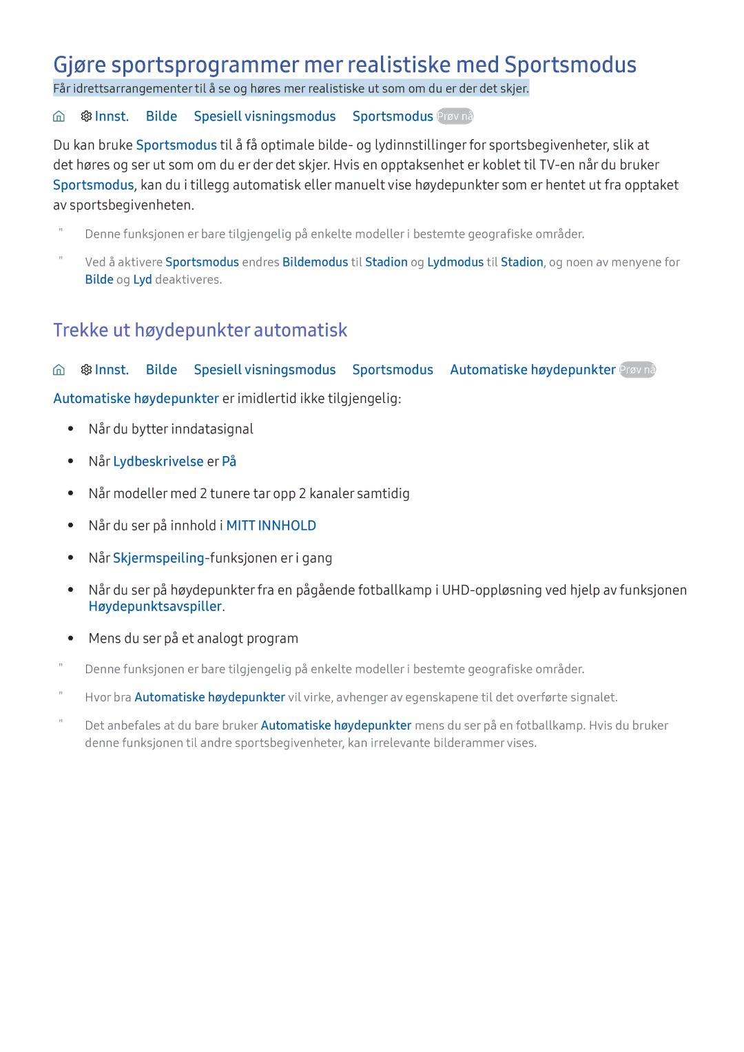 Samsung UE75KS8005TXXE manual Gjøre sportsprogrammer mer realistiske med Sportsmodus, Trekke ut høydepunkter automatisk 