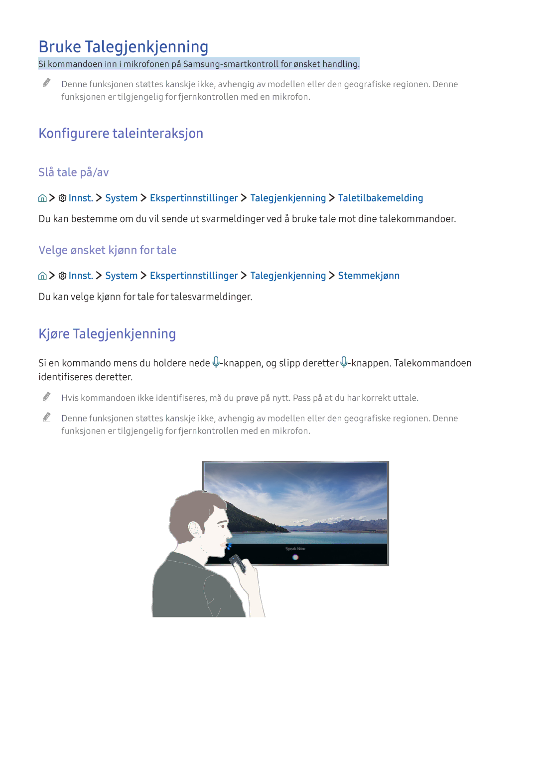 Samsung UE49KS7005UXXE manual Bruke Talegjenkjenning, Konfigurere taleinteraksjon, Kjøre Talegjenkjenning, Slå tale på/av 