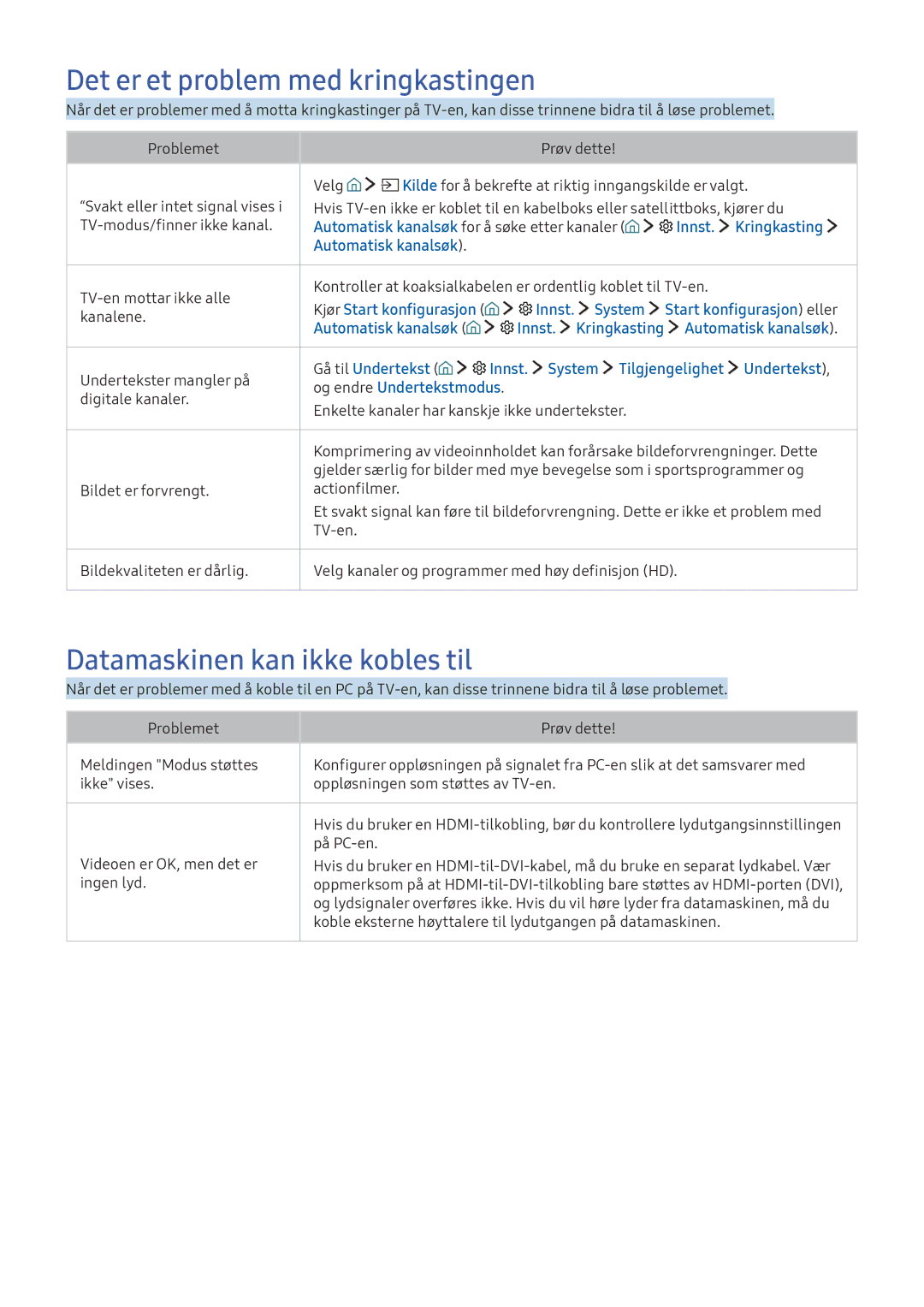 Samsung UE65KS9505TXXE, UE65KU6175UXXE manual Det er et problem med kringkastingen, Datamaskinen kan ikke kobles til 