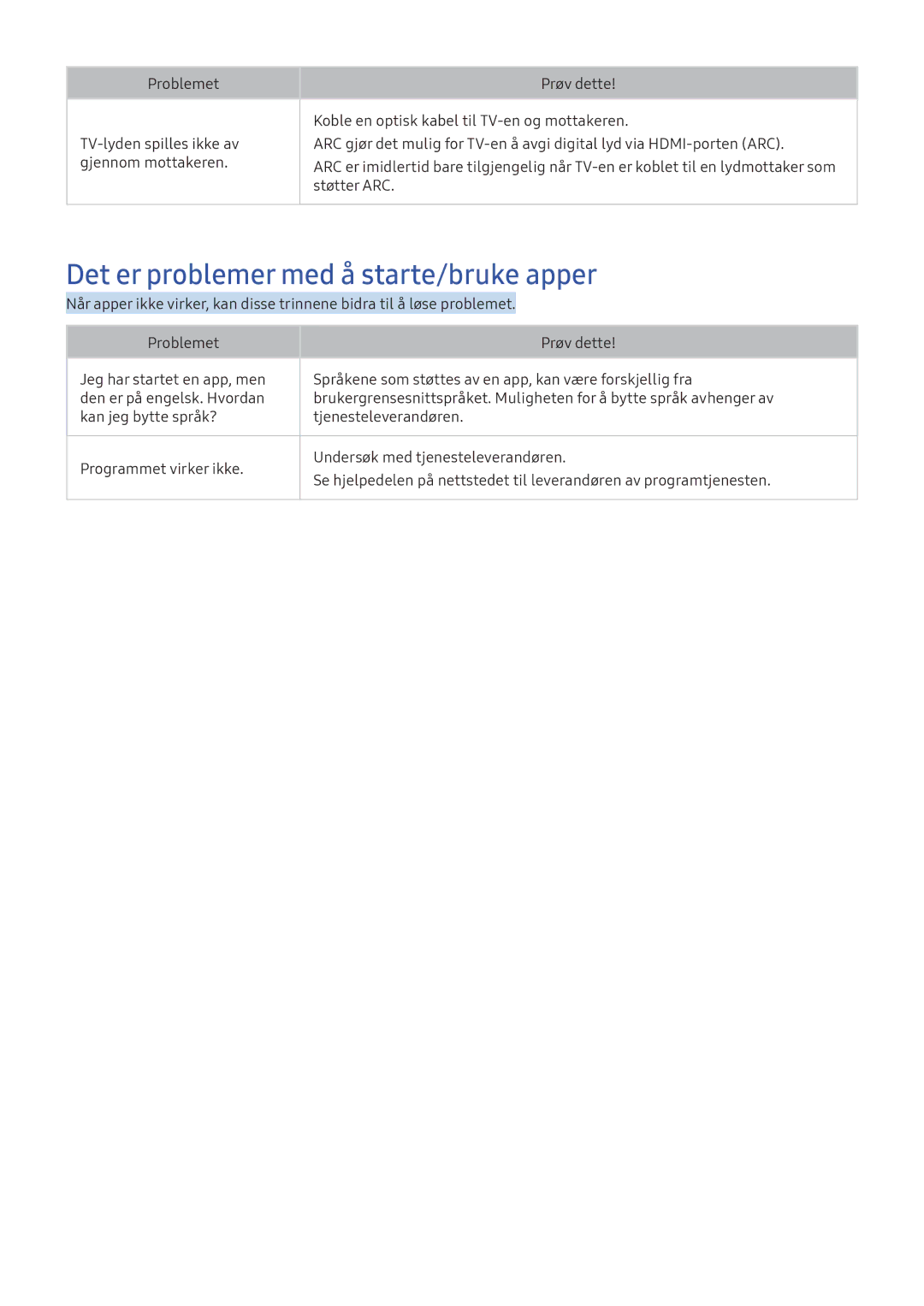 Samsung UE43KU6675UXXE, UE65KU6175UXXE, UE40KU6455UXXE, UE40KU6075UXXE manual Det er problemer med å starte/bruke apper 