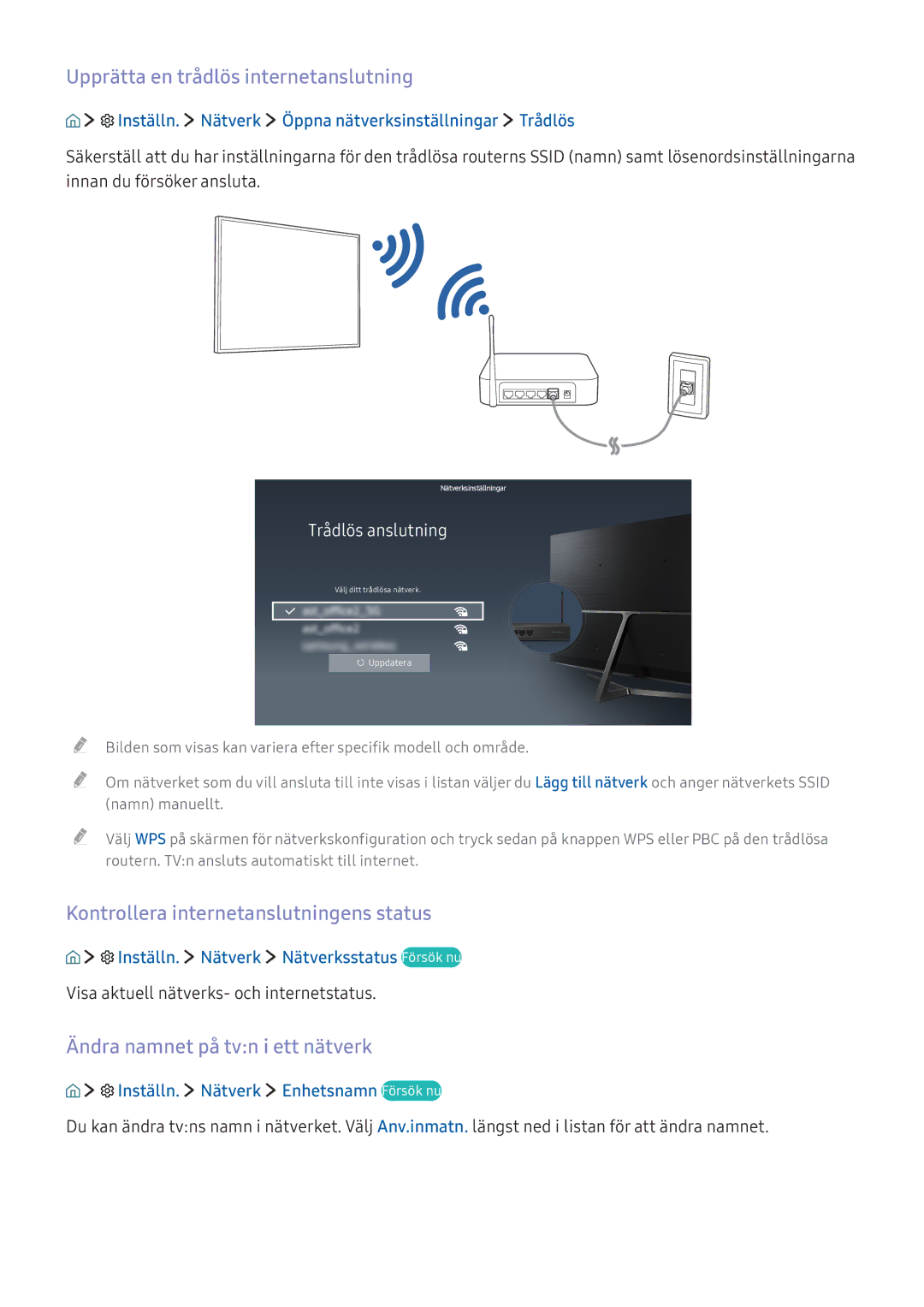 Samsung UE43KU6405UXXE, UE65KU6175UXXE Upprätta en trådlös internetanslutning, Kontrollera internetanslutningens status 