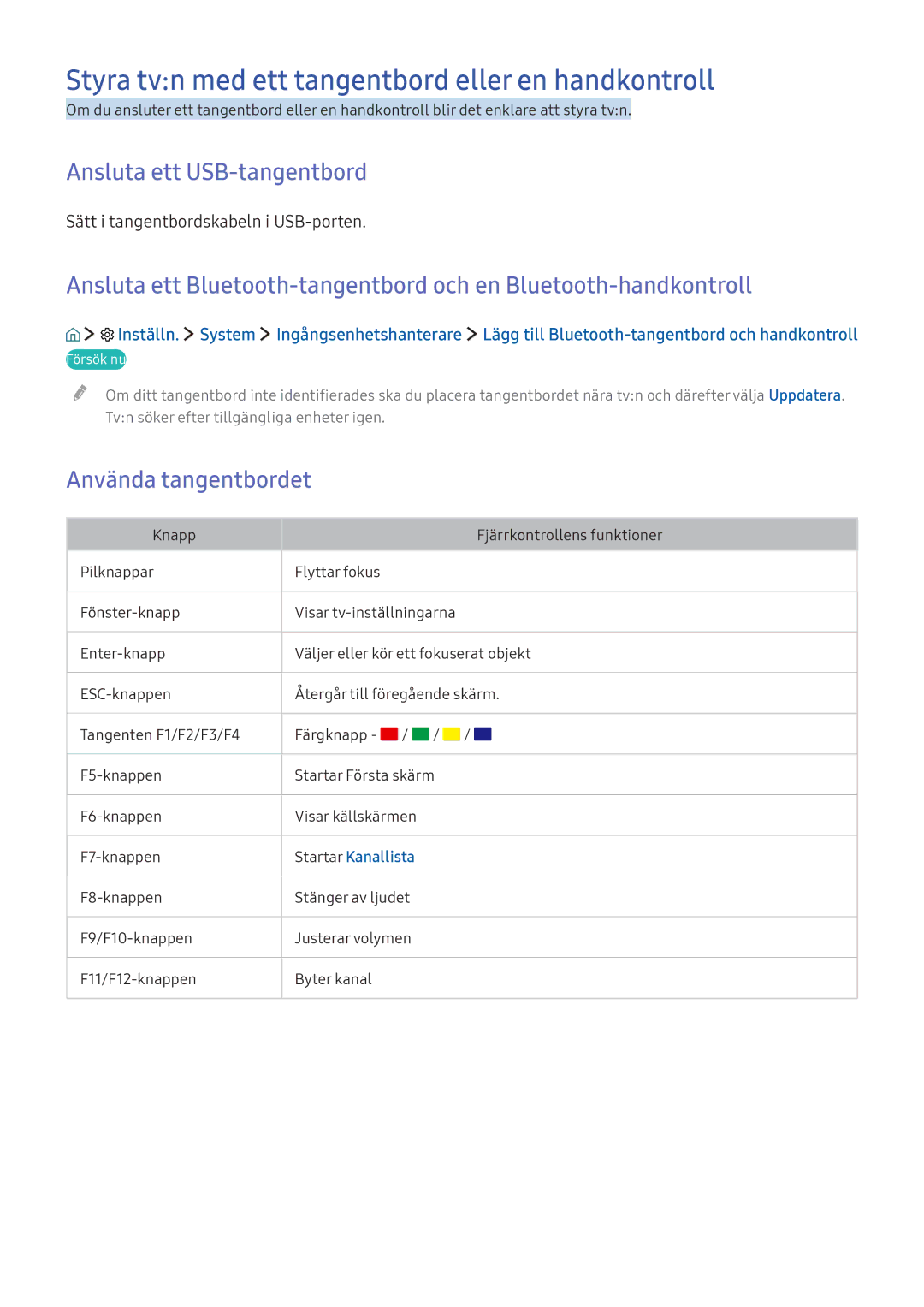 Samsung UE43KU6675UXXE, UE65KU6175UXXE Styra tvn med ett tangentbord eller en handkontroll, Ansluta ett USB-tangentbord 