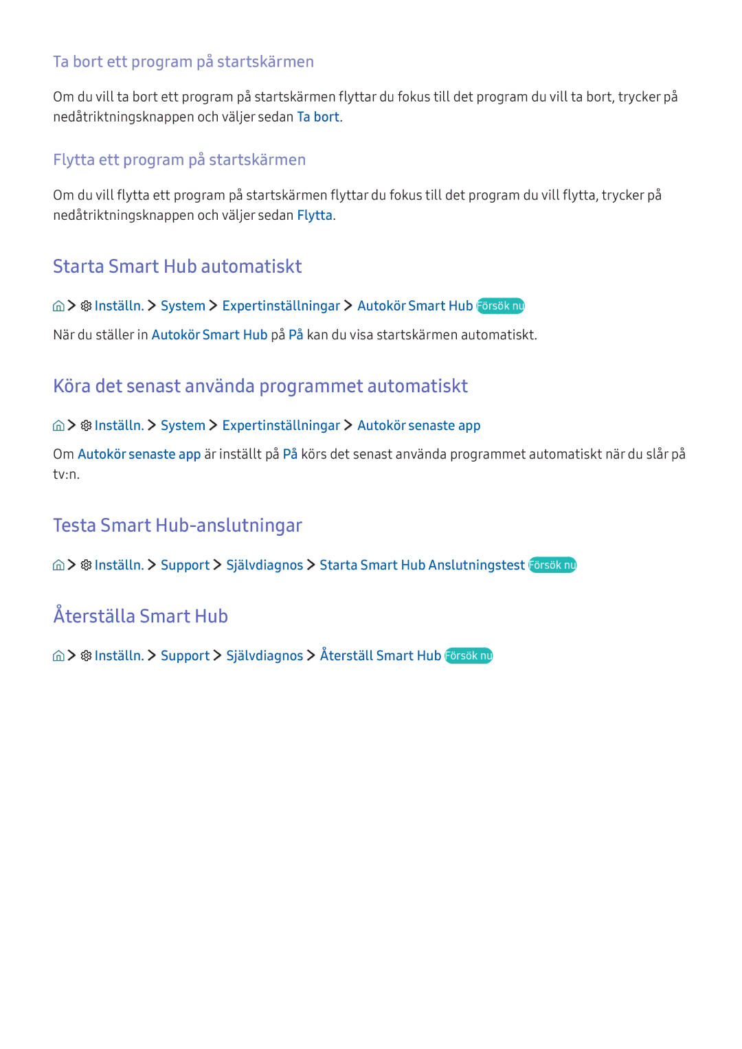 Samsung UE55KU6505UXXE Starta Smart Hub automatiskt, Köra det senast använda programmet automatiskt, Återställa Smart Hub 