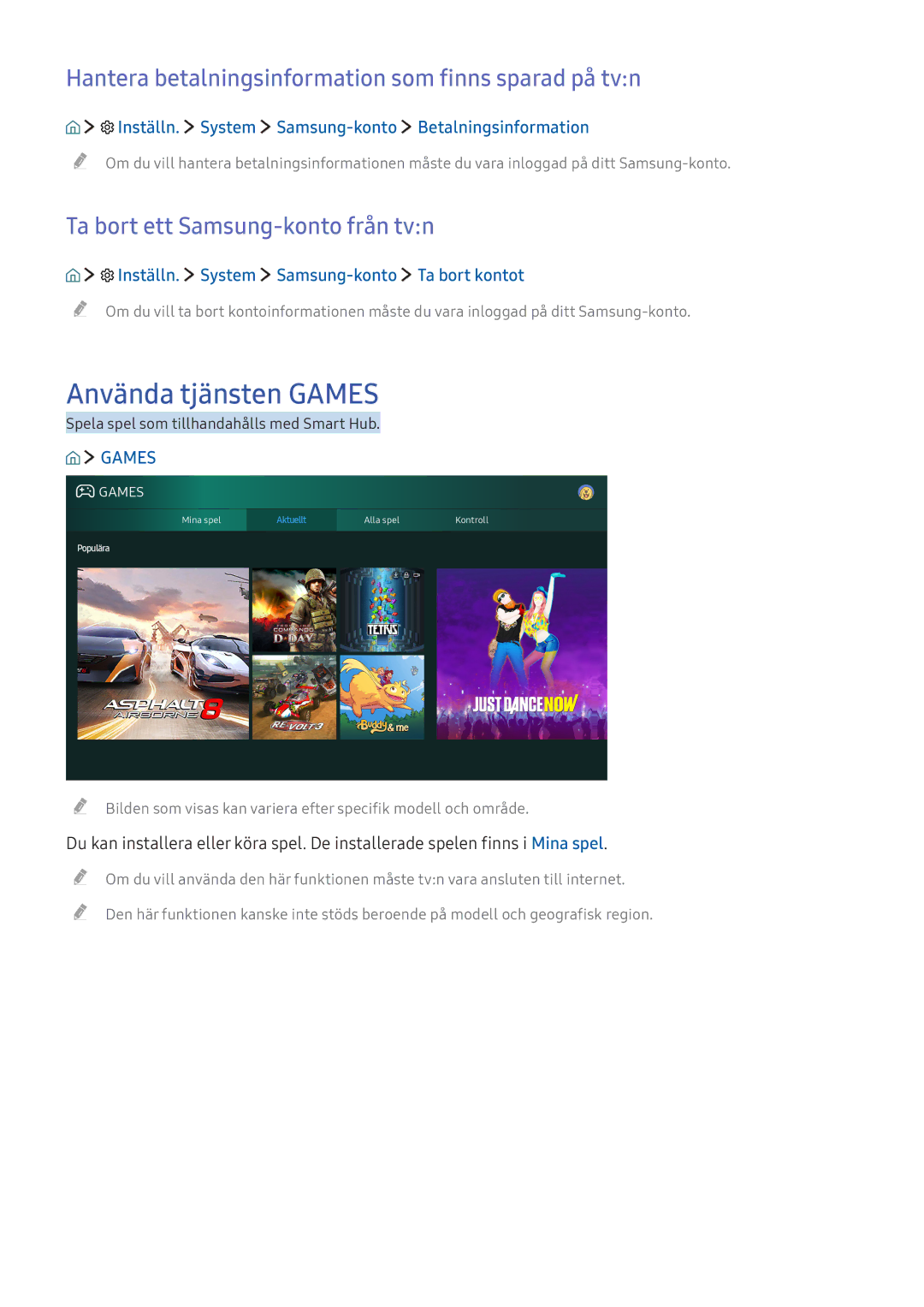 Samsung UE49KS7505UXXE, UE65KU6175UXXE manual Använda tjänsten Games, Hantera betalningsinformation som finns sparad på tvn 