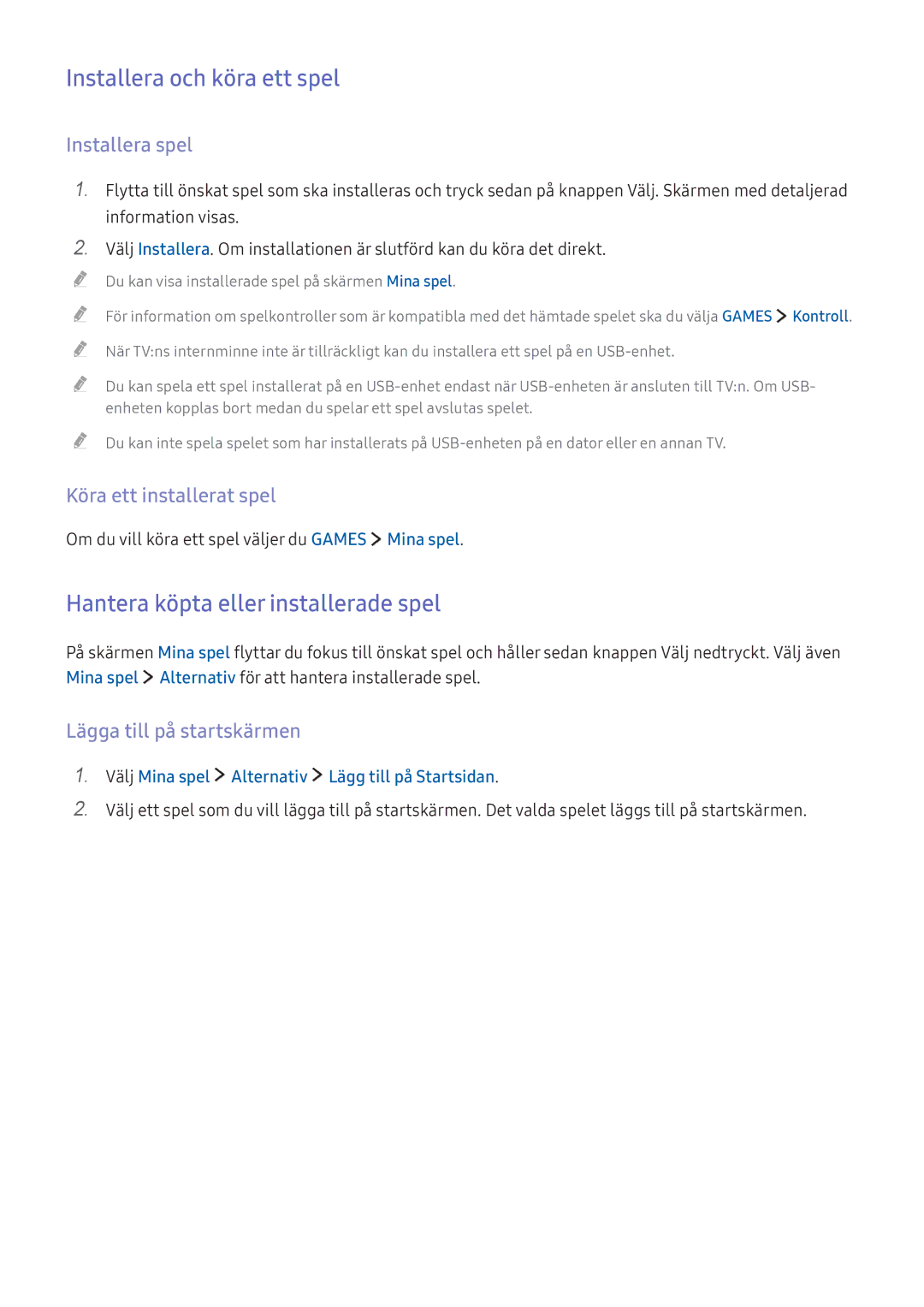 Samsung UE43KU6075UXXE manual Installera och köra ett spel, Hantera köpta eller installerade spel, Installera spel 