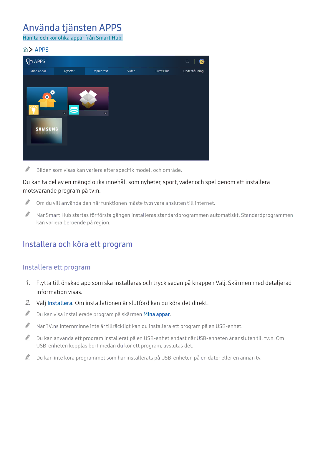 Samsung UE55KU6075UXXE, UE65KU6175UXXE manual Använda tjänsten Apps, Installera och köra ett program, Installera ett program 