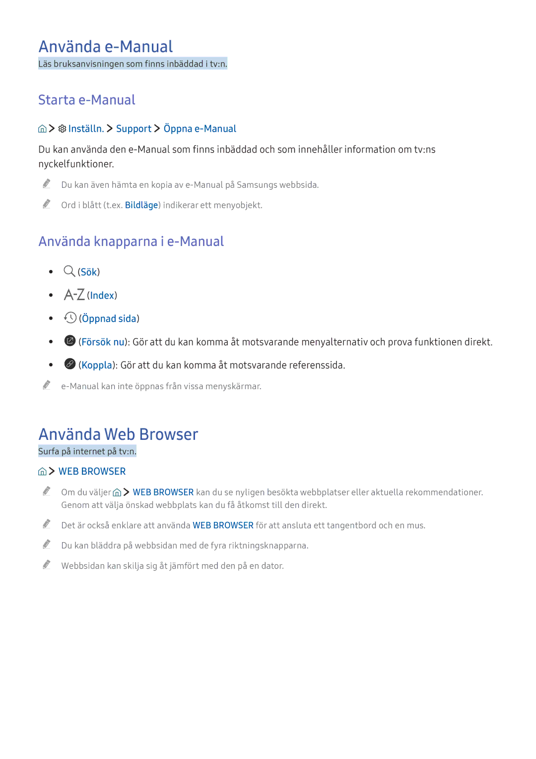 Samsung UE65KS7005UXXE manual Använda e-Manual, Använda Web Browser, Starta e-Manual, Använda knapparna i e-Manual 