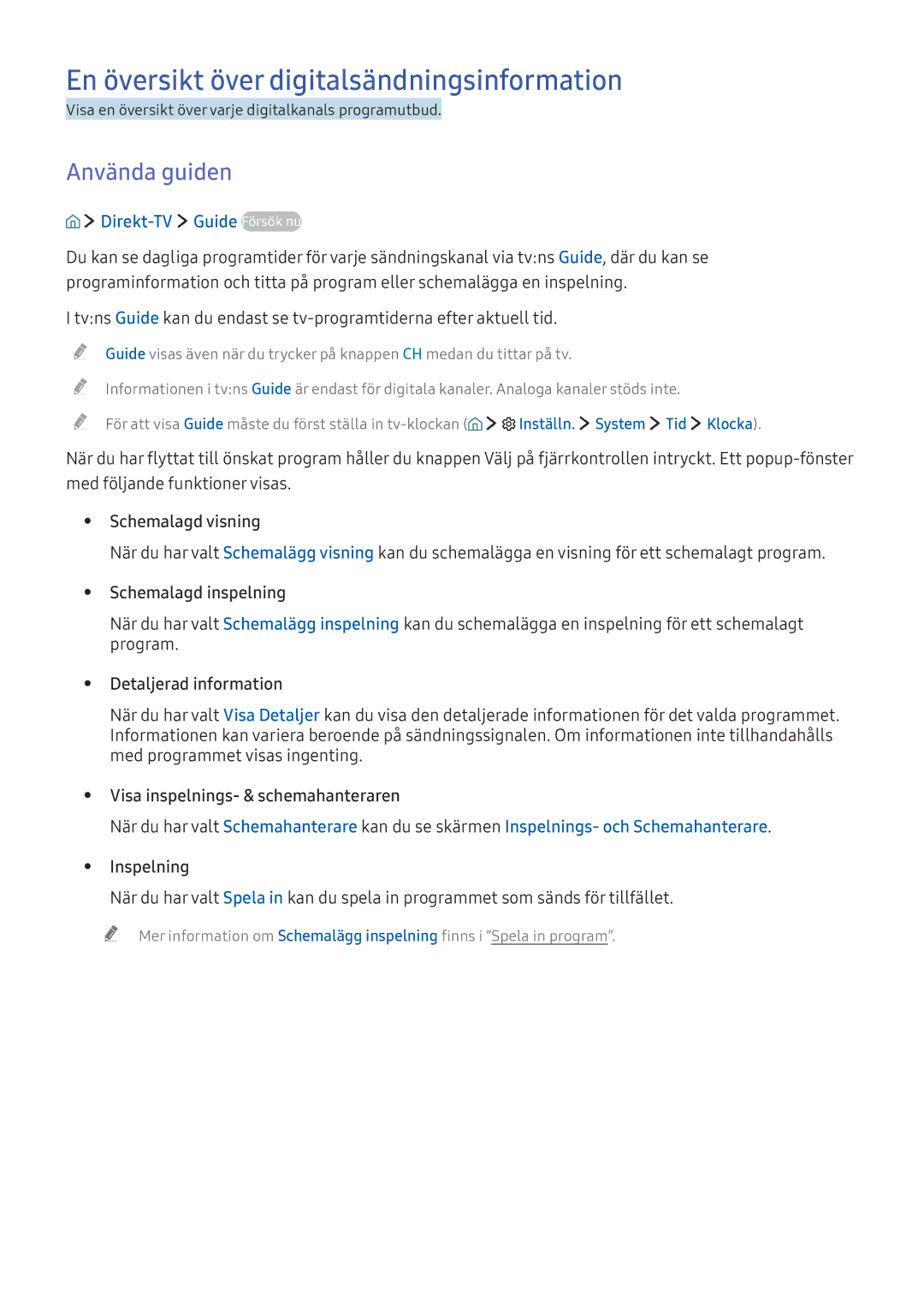 Samsung UE65KU6095UXXE manual En översikt över digitalsändningsinformation, Använda guiden, Direkt-TV Guide Försök nu 