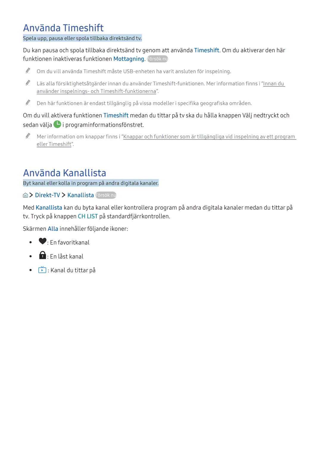 Samsung UE70KU6075UXXE, UE65KU6175UXXE manual Använda Timeshift, Använda Kanallista, Direkt-TV Kanallista Försök nu 