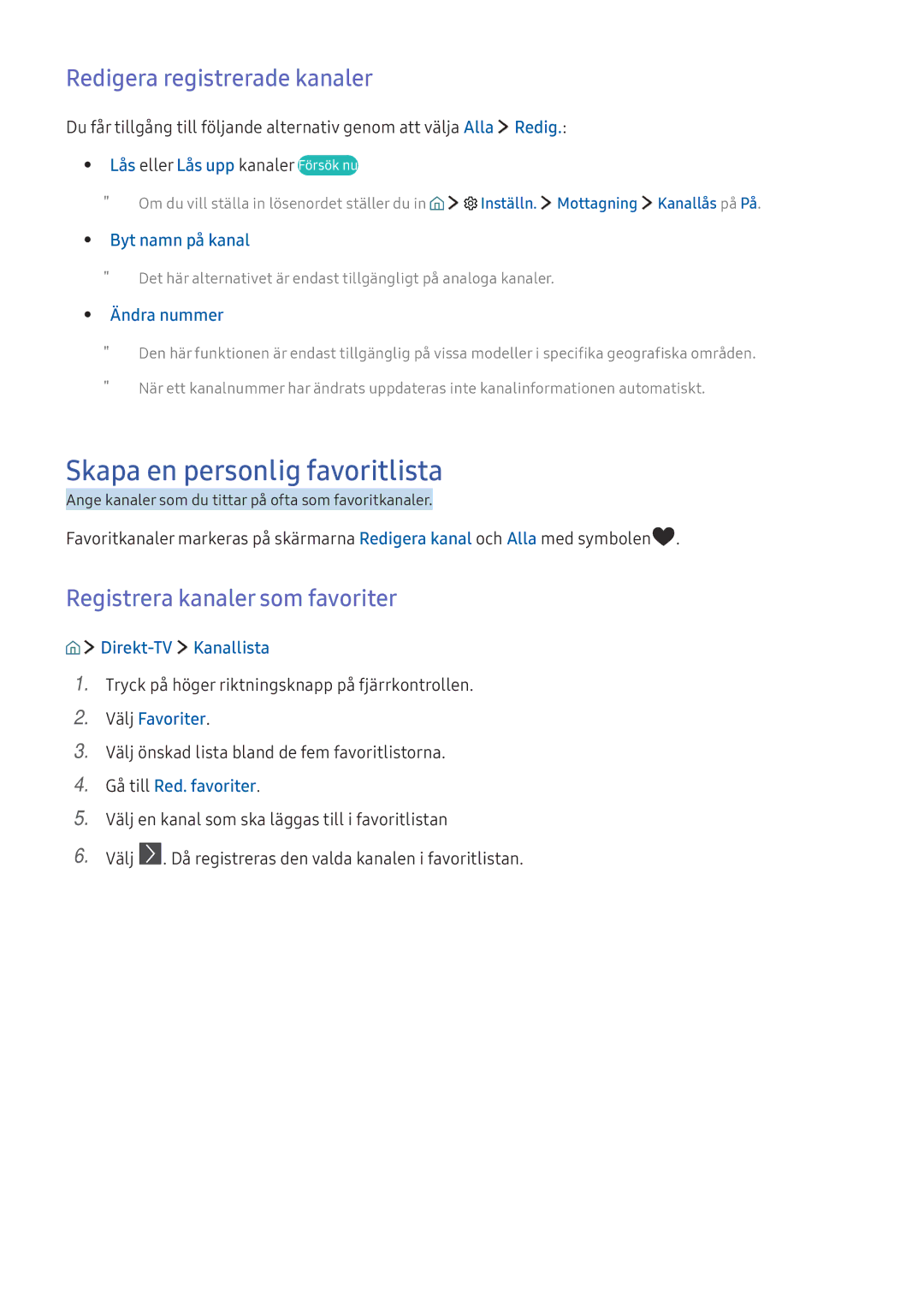 Samsung UE60KS7005UXXE Skapa en personlig favoritlista, Redigera registrerade kanaler, Registrera kanaler som favoriter 