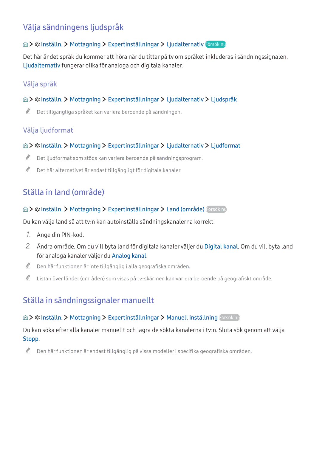 Samsung UE78KU6505UXXE manual Välja sändningens ljudspråk, Ställa in land område, Ställa in sändningssignaler manuellt 