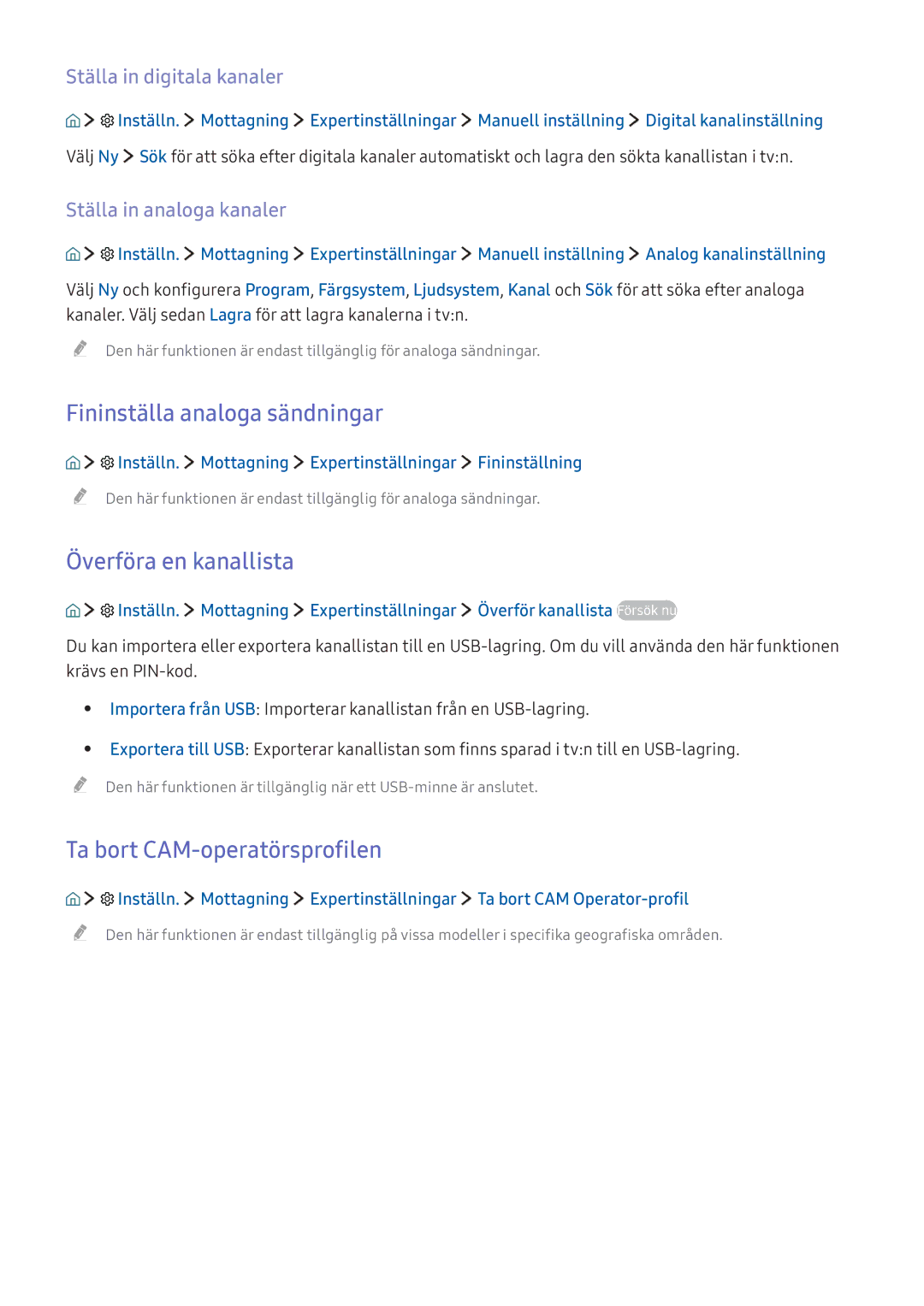 Samsung UE40KU6175UXXE manual Fininställa analoga sändningar, Överföra en kanallista, Ta bort CAM-operatörsprofilen 