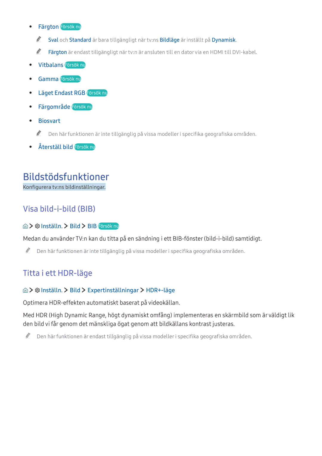 Samsung UE55KS8005TXXE, UE65KU6175UXXE, UE40KU6455UXXE manual Bildstödsfunktioner, Visa bild-i-bild BIB, Titta i ett HDR-läge 