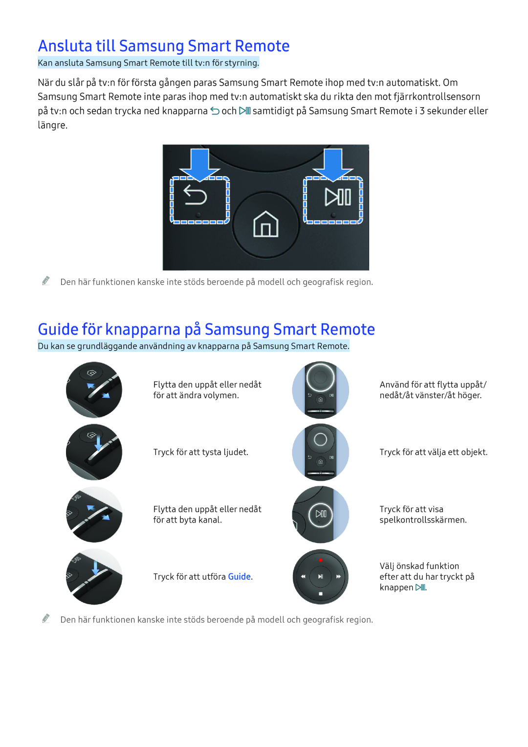 Samsung UE65KS9005TXXE, UE65KU6175UXXE manual Ansluta till Samsung Smart Remote, Guide för knapparna på Samsung Smart Remote 