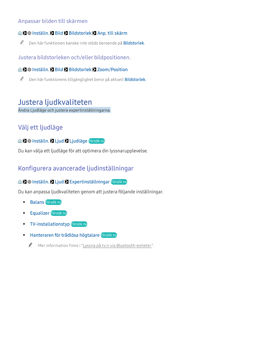 Samsung UE55KU6515UXXE, UE65KU6175UXXE Justera ljudkvaliteten, Välj ett ljudläge, Konfigurera avancerade ljudinställningar 