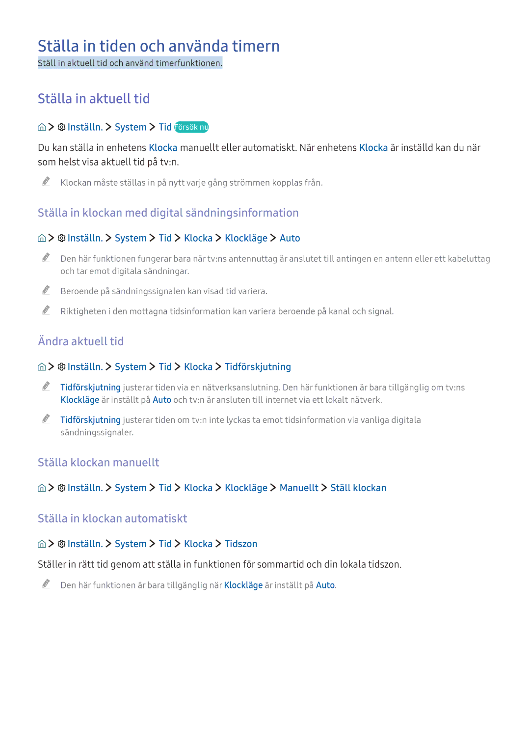 Samsung UE40KU6455UXXE, UE65KU6175UXXE, UE40KU6075UXXE manual Ställa in tiden och använda timern, Ställa in aktuell tid 