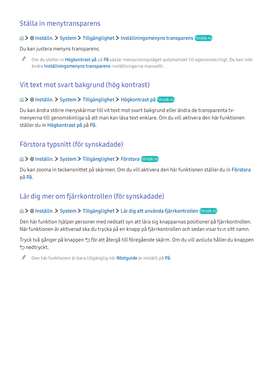 Samsung UE65KU6685UXXE, UE65KU6175UXXE, UE40KU6455UXXE Ställa in menytransparens, Vit text mot svart bakgrund hög kontrast 