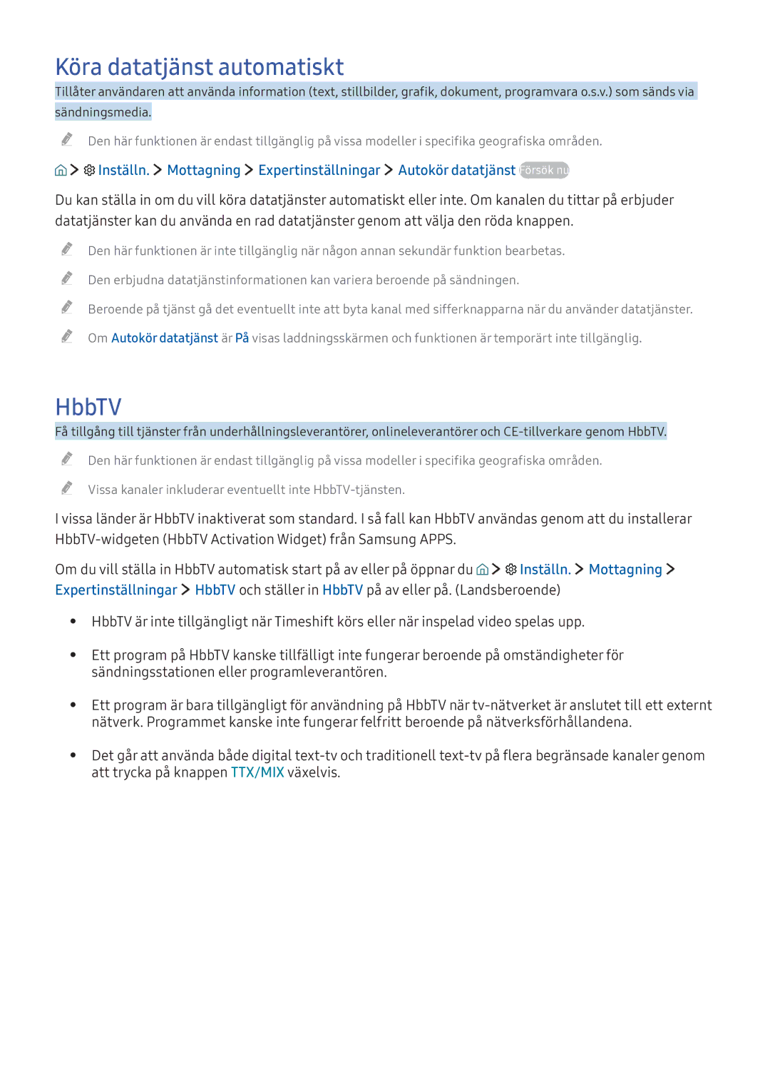 Samsung UE40KU6405UXXE, UE65KU6175UXXE, UE40KU6455UXXE manual Köra datatjänst automatiskt, HbbTV, Inställn. Mottagning 