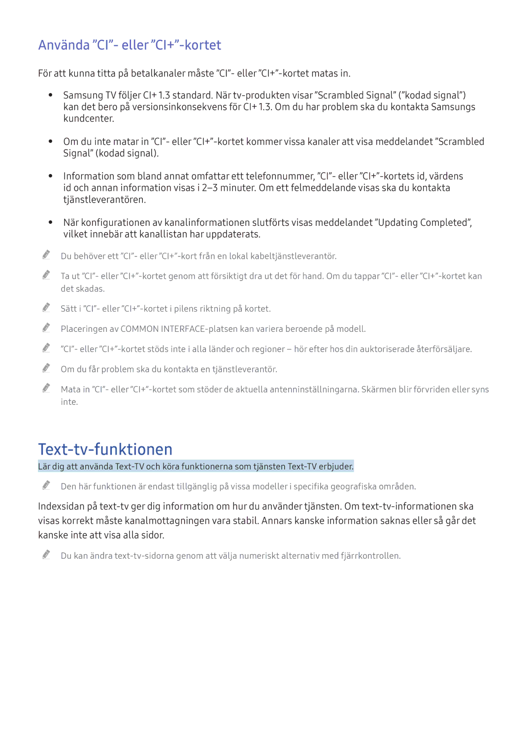 Samsung UE49KS9005TXXE, UE65KU6175UXXE, UE40KU6455UXXE, UE40KU6075UXXE manual Text-tv-funktionen, Använda CI- eller CI+-kortet 