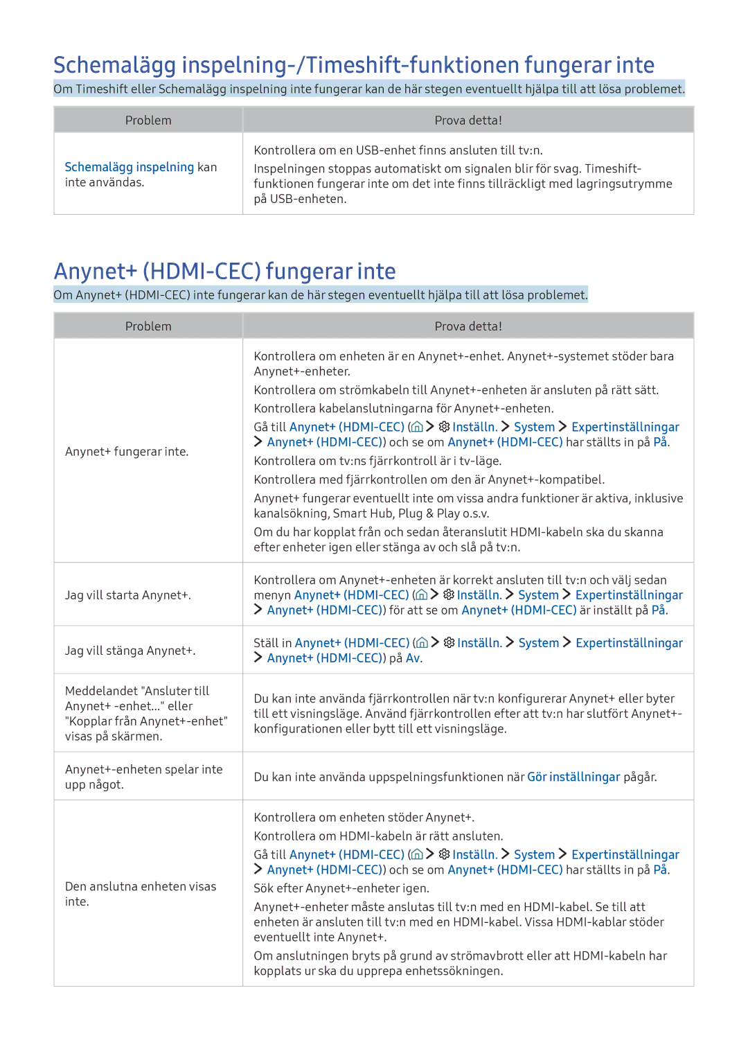 Samsung UE49KU6405UXXE manual Schemalägg inspelning-/Timeshift-funktionen fungerar inte, Anynet+ HDMI-CEC fungerar inte 