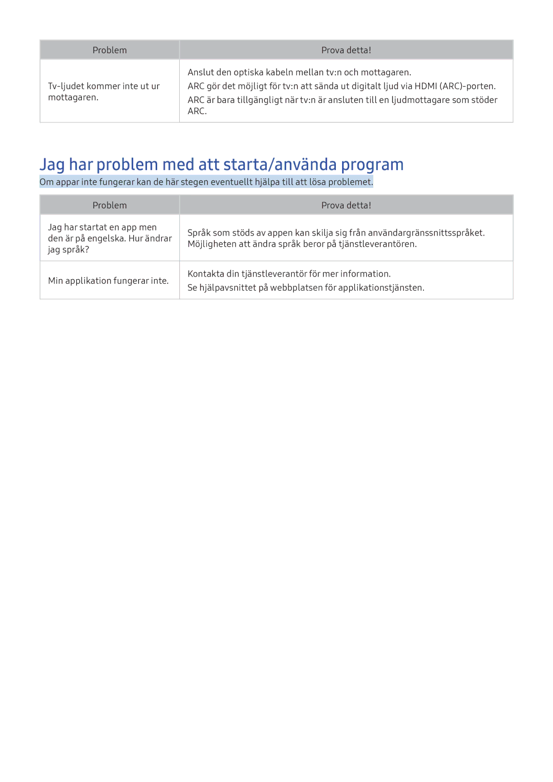 Samsung UE43KU6675UXXE, UE65KU6175UXXE, UE40KU6455UXXE, UE40KU6075UXXE manual Jag har problem med att starta/använda program 