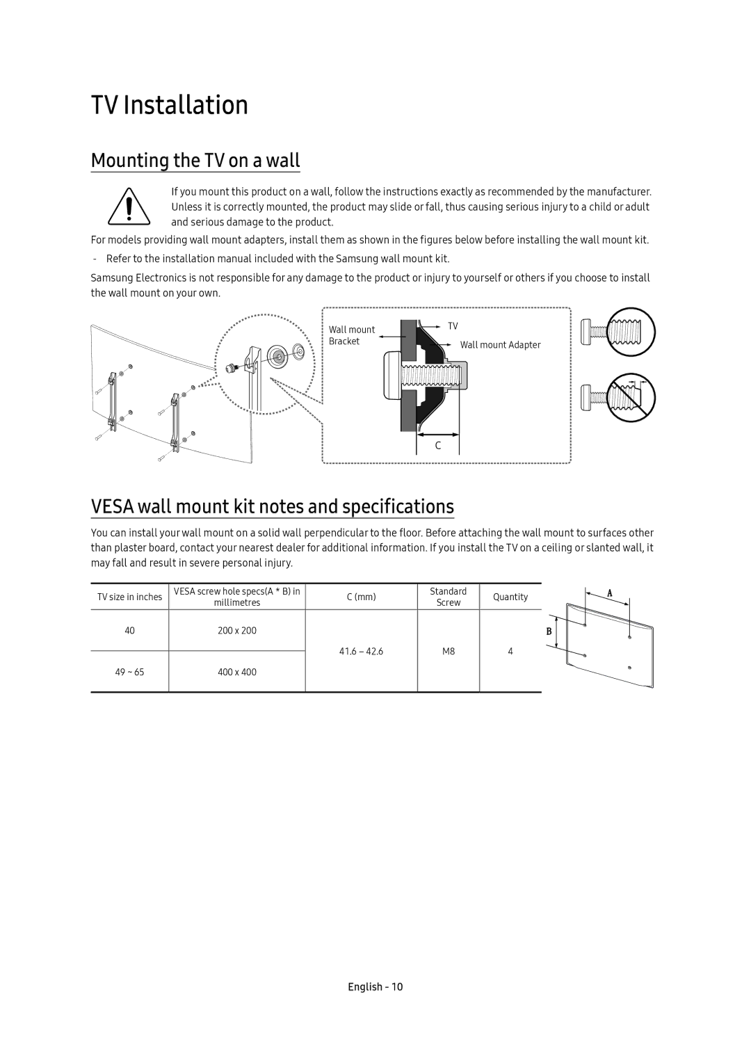 Samsung UE49KU6175UXXE manual TV Installation, Mounting the TV on a wall, Vesa wall mount kit notes and specifications 