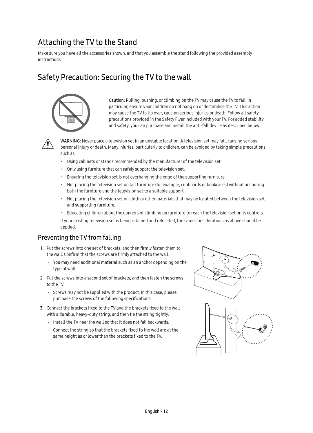 Samsung UE65KU6175UXXE, UE55KU6175UXXE manual Attaching the TV to the Stand, Safety Precaution Securing the TV to the wall 